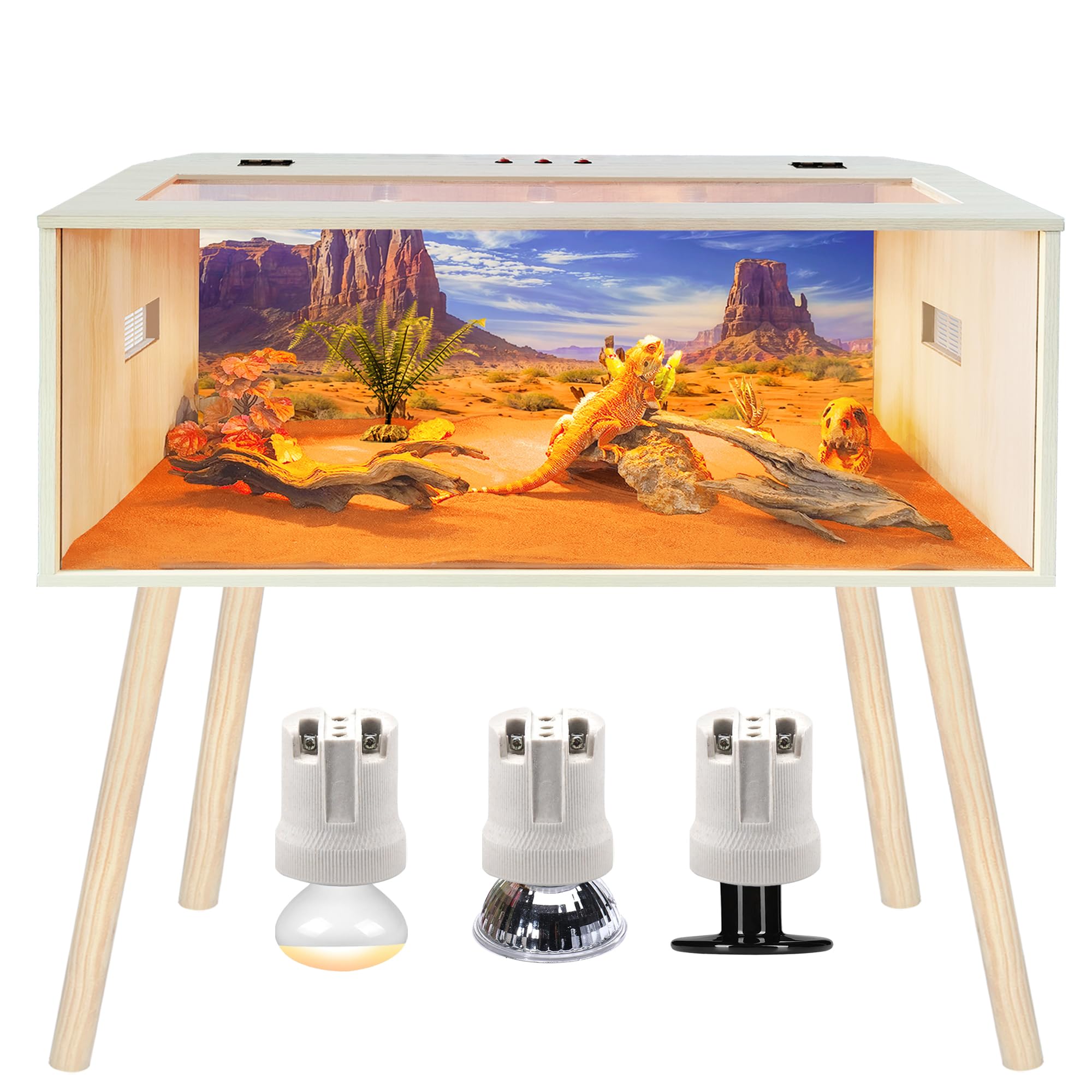 Prolee 80 Gallon Reptile Tank, Tempered Glass Bearded Dragon Tank with Wooden Roof and Lockable Doors, Large Lizard Habitat for Snakes, Iguanas, Chameleons (Oak)