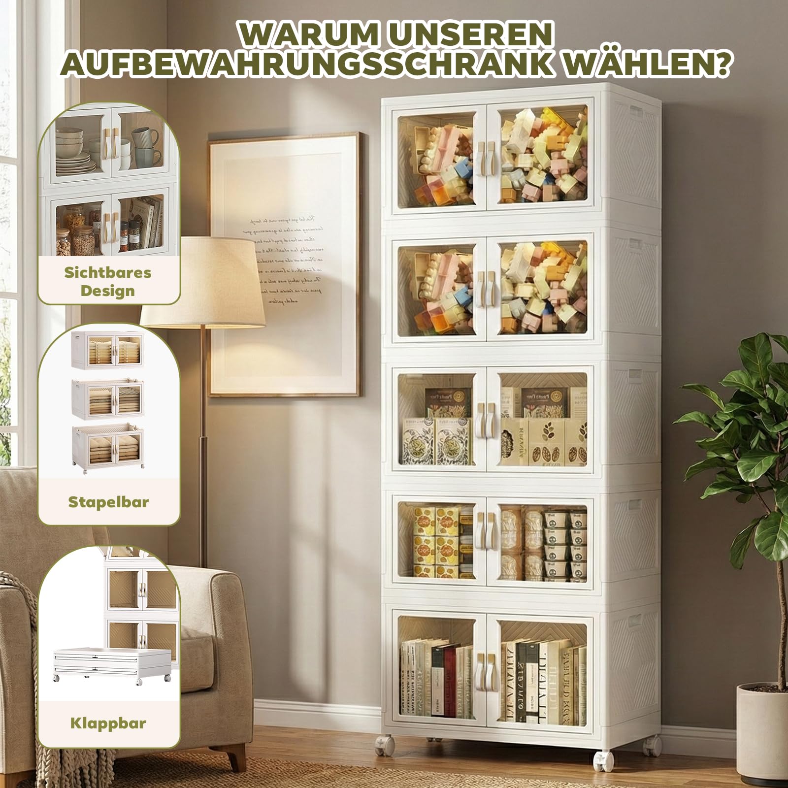 Stapelbare Aufbewahrungsbehälter mit Deckel und Rollen, 5-stöckiger faltbarer Aufbewahrungsschrank – Großer mobiler Schrank mit Magnet-Türen & Feststellrollen, für Kleidung, Werkstatt, Haushalt