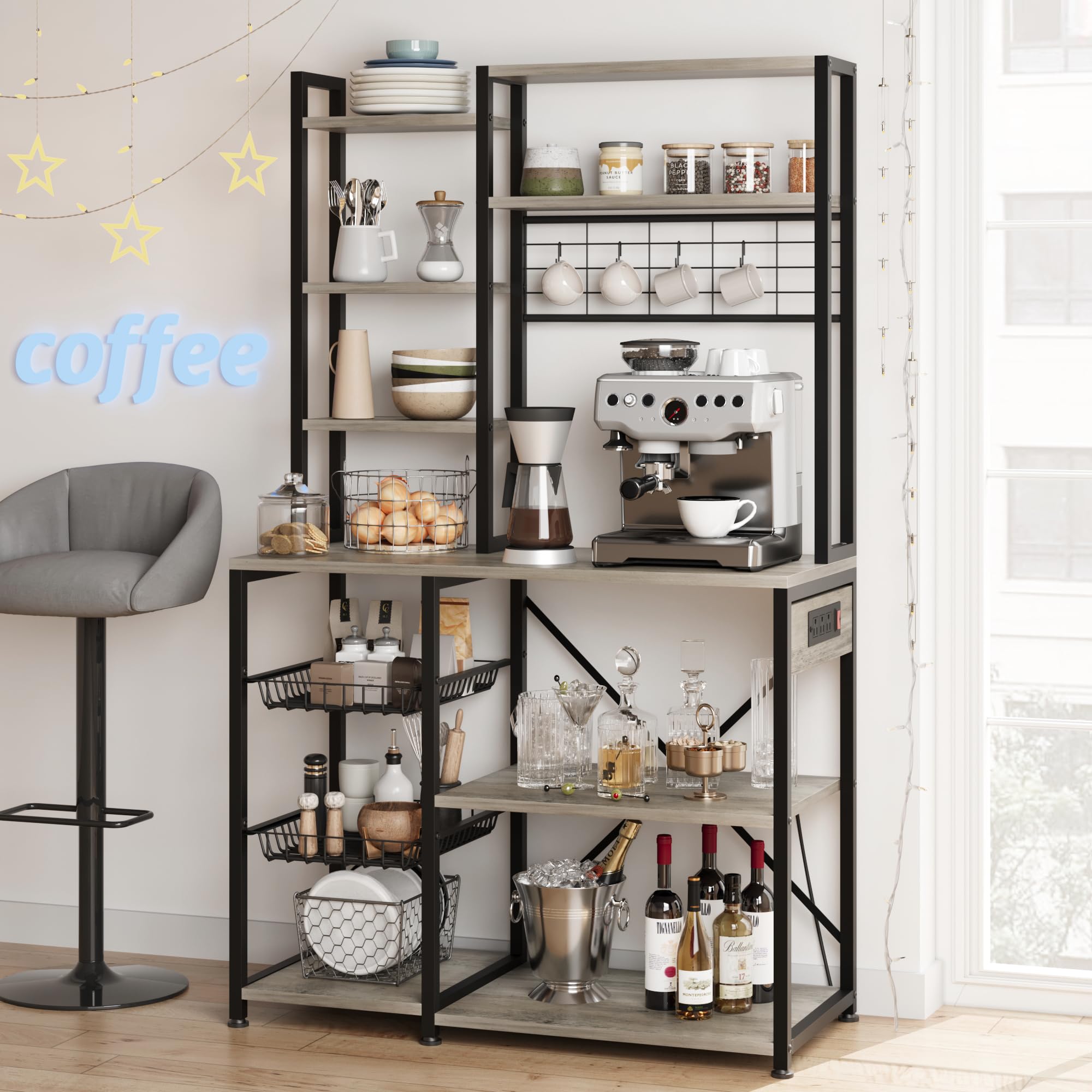 Zstar Estante De Almacenamiento De Cocina De Estilo Industrial con Enchufes y Ganchos, Múltiples Estantes, Amplio Espacio De Almacenamiento, Barra De Café, Gabinete para Microondas