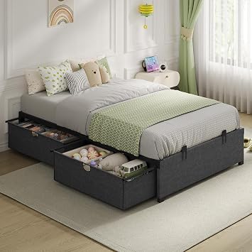 BTHFST Twin Size Bed Frame with 2 Large Storage Drawers, Metal Platform Twin Bed for Kids, Heavy Duty Steel Slats, No Box Spring Needed, Easy Assembly, Dark Grey & Black