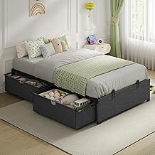 Twin Size Bed Frame with 2 Large Storage Drawers, Platform Storage Twin Bed, Metal Drawer Slides, Heavy Duty Steel Slats, No Box Spring Needed, Quick Assembly System, Dark Grey & Black