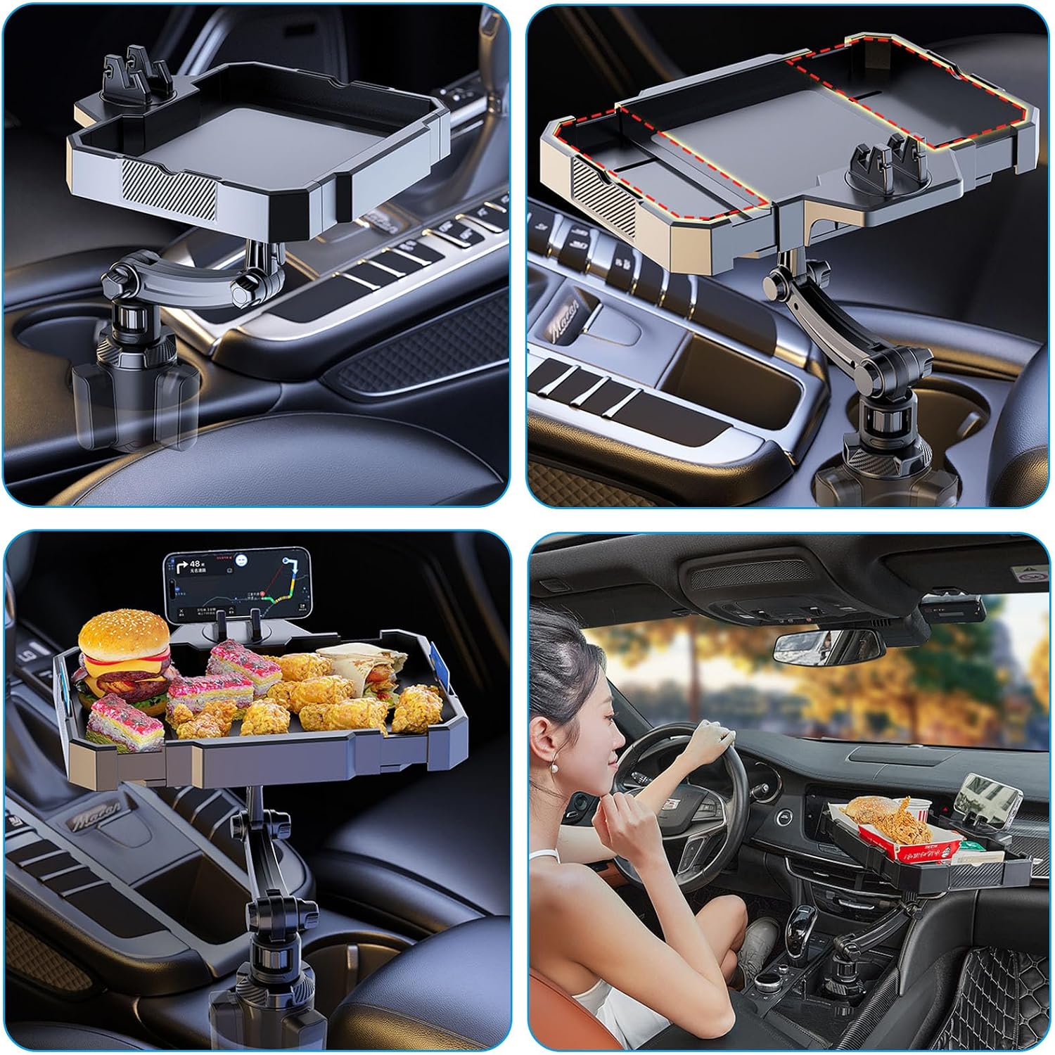 Larger Car Cup Holder Tray, 9~11 inch Expandable Car Food Tray for Eating Hamburger/Snacks, Car Travel Cup Coffee Table Stand 360° Rotating Tray Table with Phone Holder, Road Trip Essentials