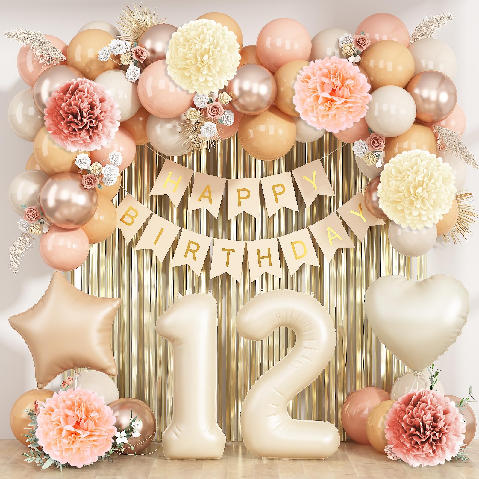 Beige Happy 12th Birthday Party Decoration Girls Cream Number 12 Balloon