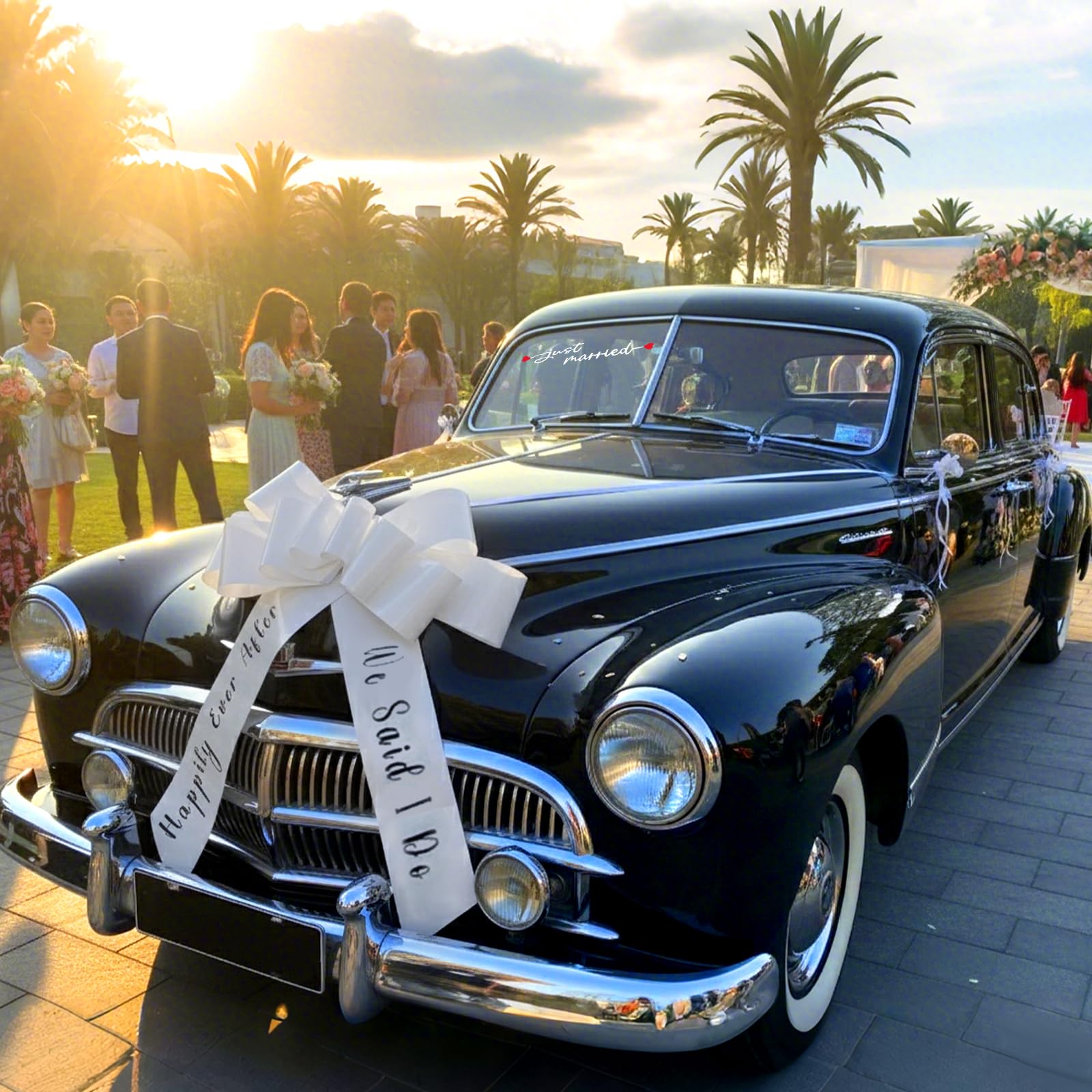 Photo 1 of 8 Pcs Just Married Wedding Car Decorations Kit-30 Inchs Big Car Bow, Giant Pull Ribbon Bow with Door Handle Ribbons, Rearview Mirror Bows & Decals for Bride Groom & Party Accessories (White)