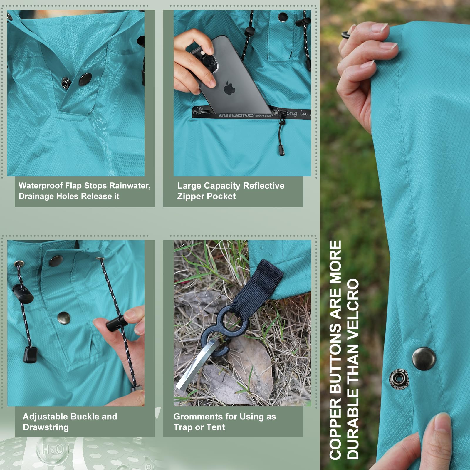 Andake Poncho Uomo Donna Impermeabile Unisex Giacca da Pioggia Antivento Resistente alle Rughe Impermeabile riutilizzabile per Campeggio Escursionismo Outdoor e Uso Quotidiano