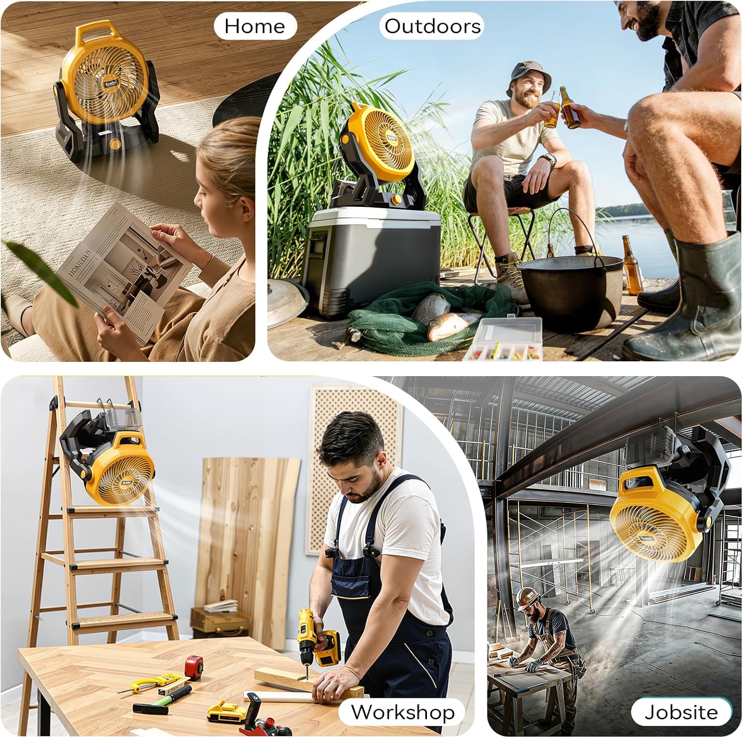 Ecarke 10" Portable Floor Fan Compatible with Dewalt 20V Battery & AC Power 3500RPM High Airflow Cordless Fan with Hook 3-Speed Quiet Operation for Jobsite Camping Tent (Battery Not Included)