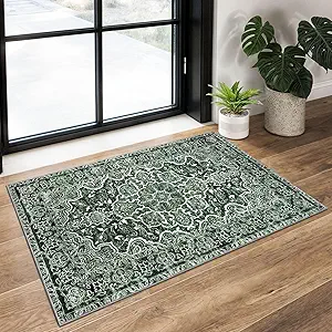 KUTA Vintage Small Area Rug 2x3 Dark Green Washable Entryway Rugs Non-Slip Ultra Soft Printed Floral Rug Doormat Accent Farmhouse Kitchen Throw for Entrance Bedroom Nursery
