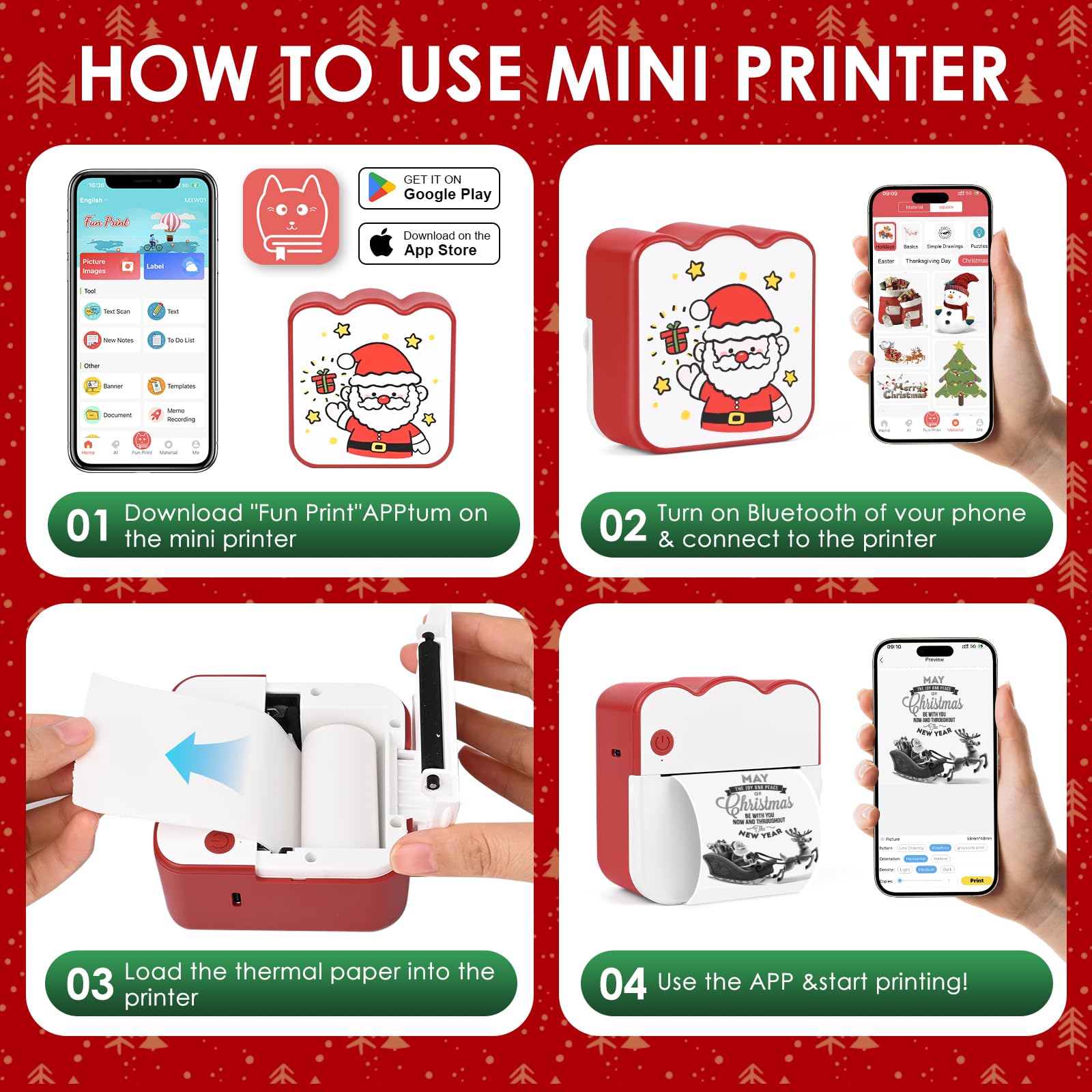 Mini Impresora para Movil, Navidad Impresora Fotográfica con 13 Rollos de Papel, Portátil Mini Impresora Bluetooth Inalámbrico Impresora Térmica, Movil Impresora Fotos, para Fotos Nota, Imagen