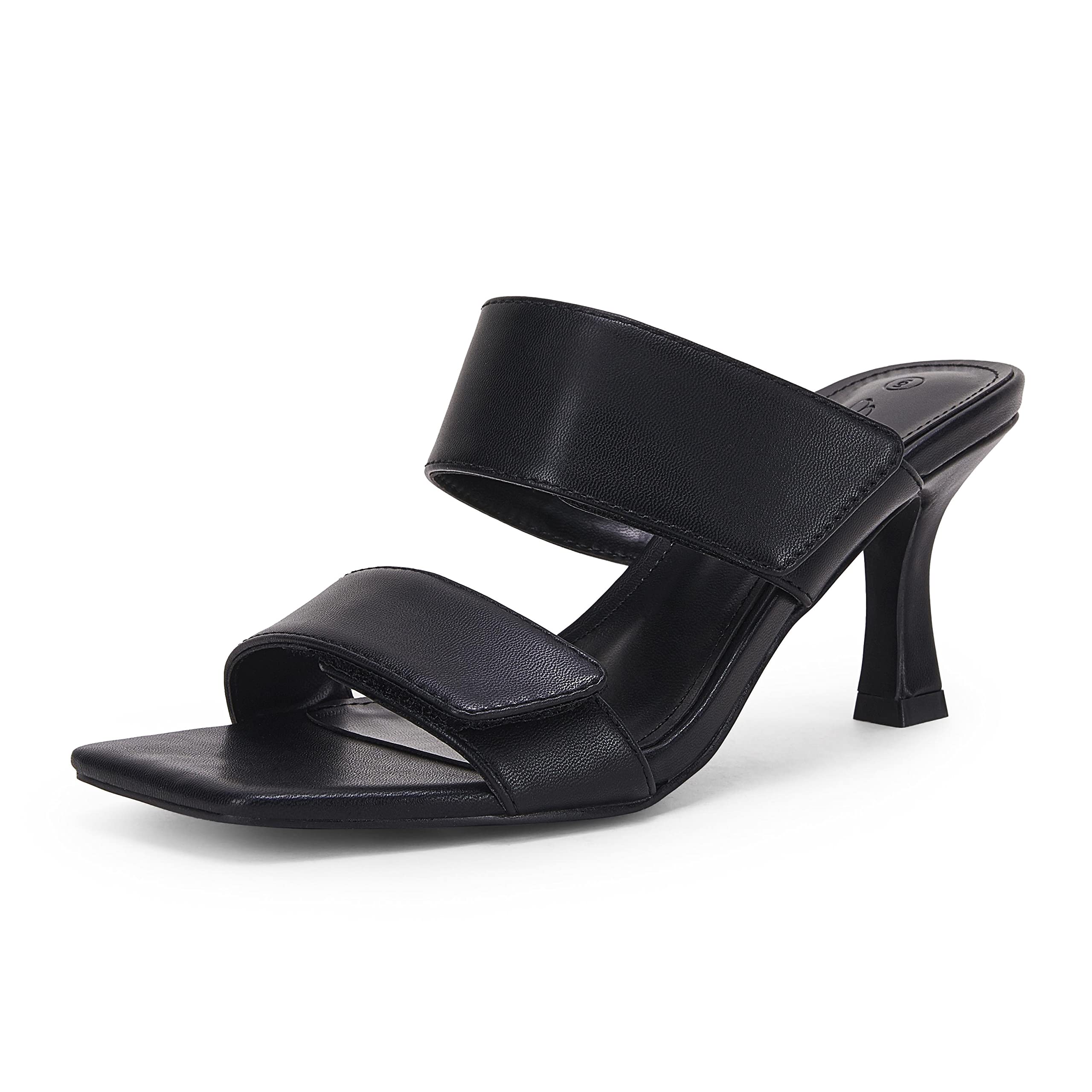 Ermonn Womens Two Strap Heeled Sandals Slip On Square Open Toe Stiletto Faux Leather Backless Mule Heels Slippers