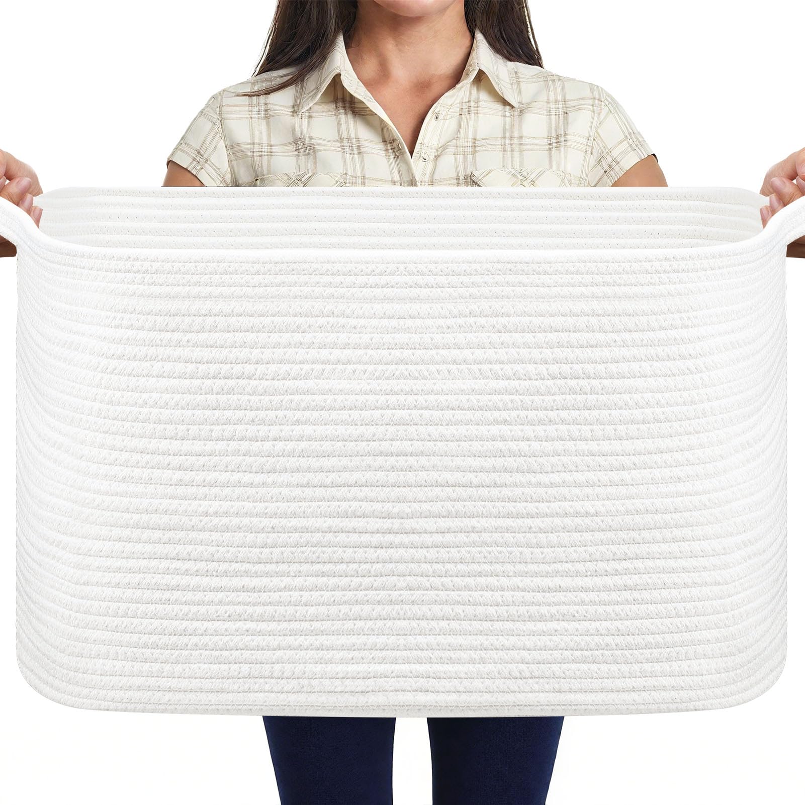 MOLMO Large Woven Storage Basket, 65L Laundry Hamper for Washing, Cotton Rope Bin for Dirty Clothes, Toy Organizer for Kids, Blanket Basket for Living Room(White)
