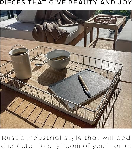 Miniatura 4 de Rectangular Wooden Serving Tray with Wire Frame Metal Handles, Food Coffee Table Decorative, Farmhouse Rustic Centerpiece, Complement Any Home