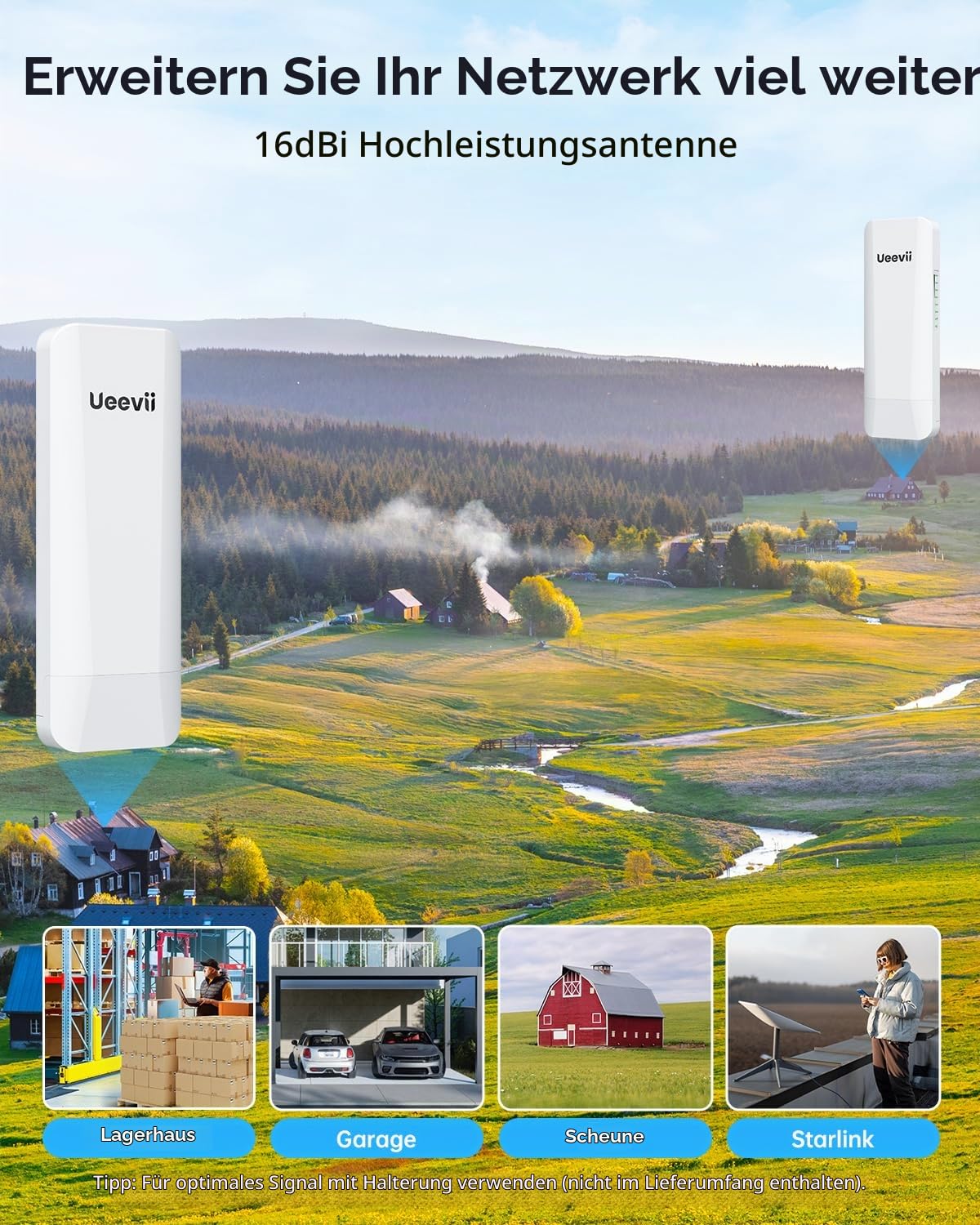Drahtlose Brücke Punkt-zu-Punkt im Freien: UeeVii 5,8 GHz Dual 100 Mbps WiFi-Brücke, 2 km Reichweite CPE für Netzwerkerweiterung, PoE-Adapter, IP65 wetterfest, CPE453 für Starlink Garage Barn Shop