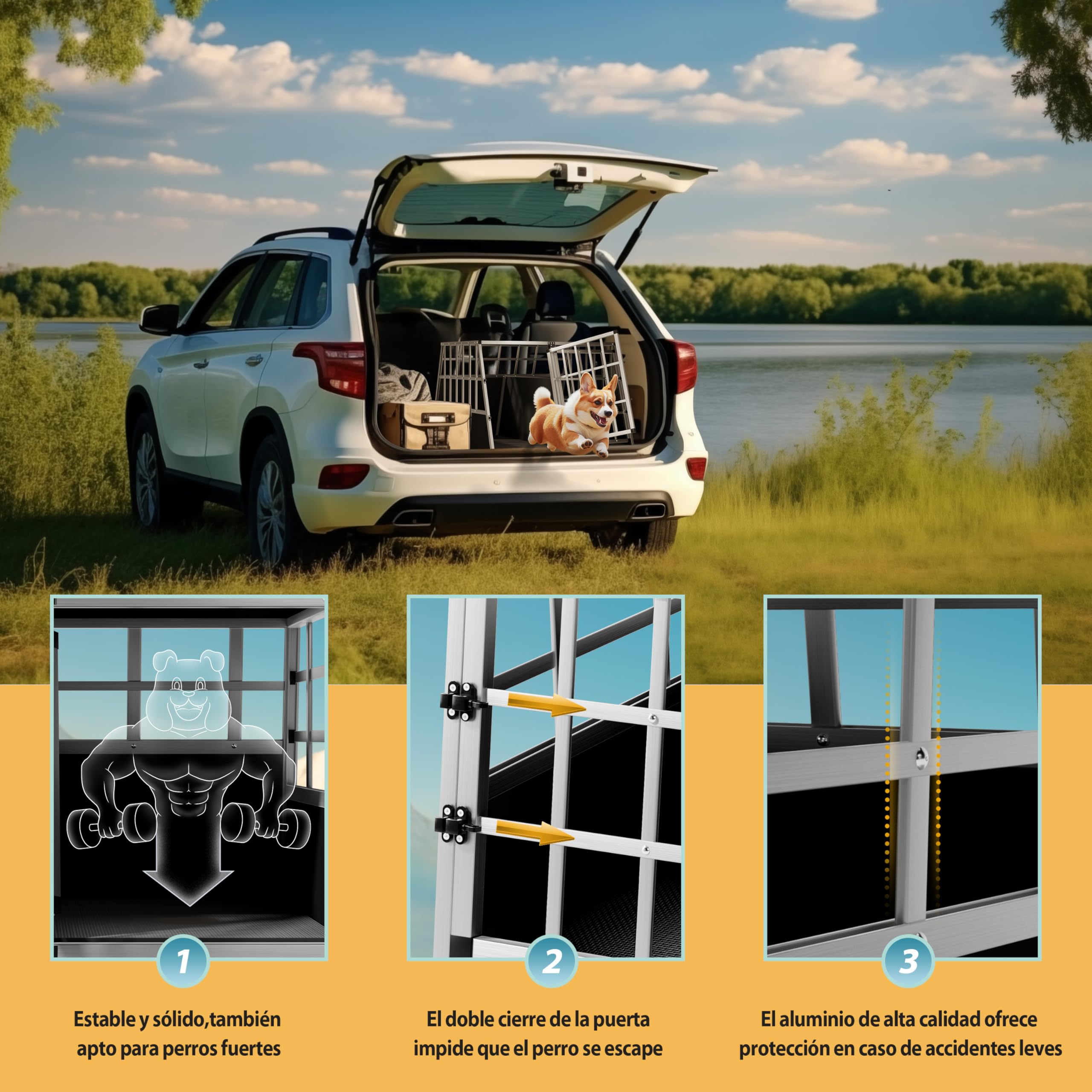 CADOCA® Transportín Perro Pequeño Grande Jaula Perros Aluminio Pared Divisoria Puerta Cerradura Mascotas Protección Viaje Coche Camping 89x70x51cm