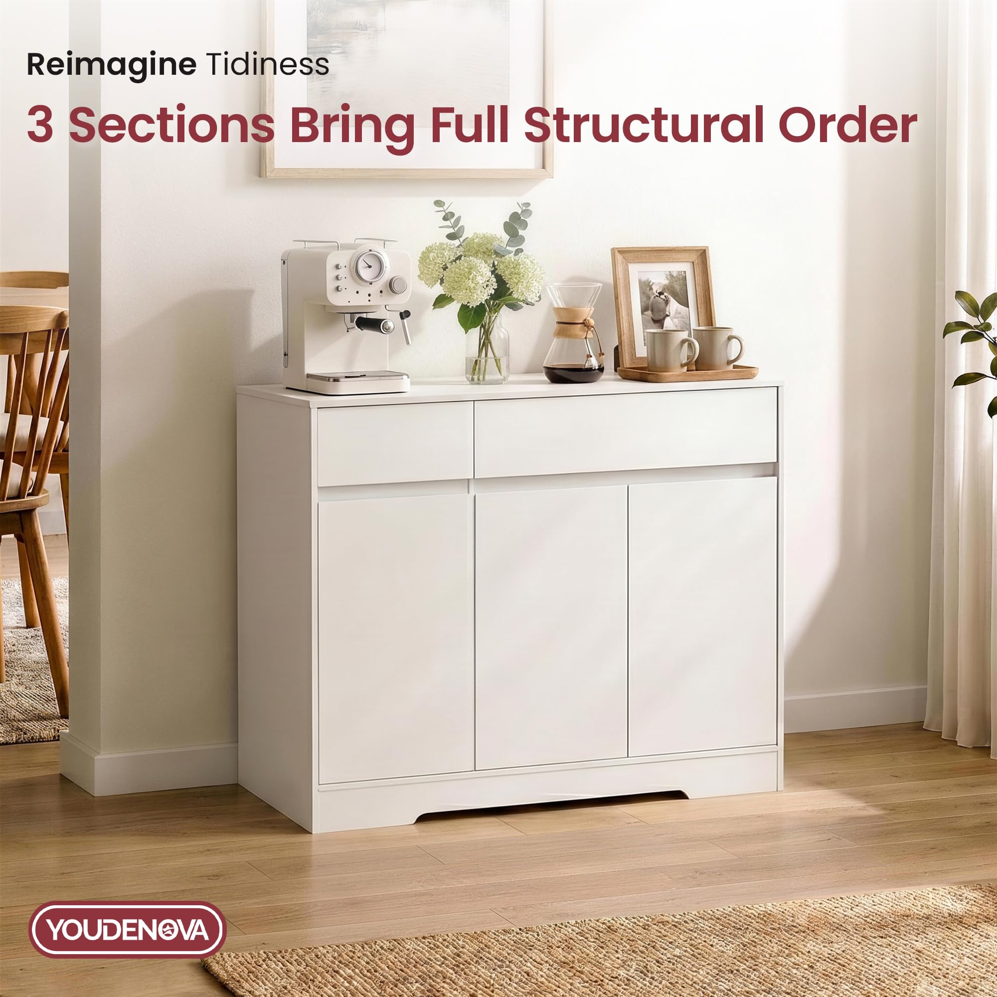 YOUDENOVA Sideboard 100 cm with 2 drawers, 3 doors and shelves, white | Adjustable Shelves, Large Storage for Dishes and Utensils, Ideal for Kitchen, Dining Room or Living Room