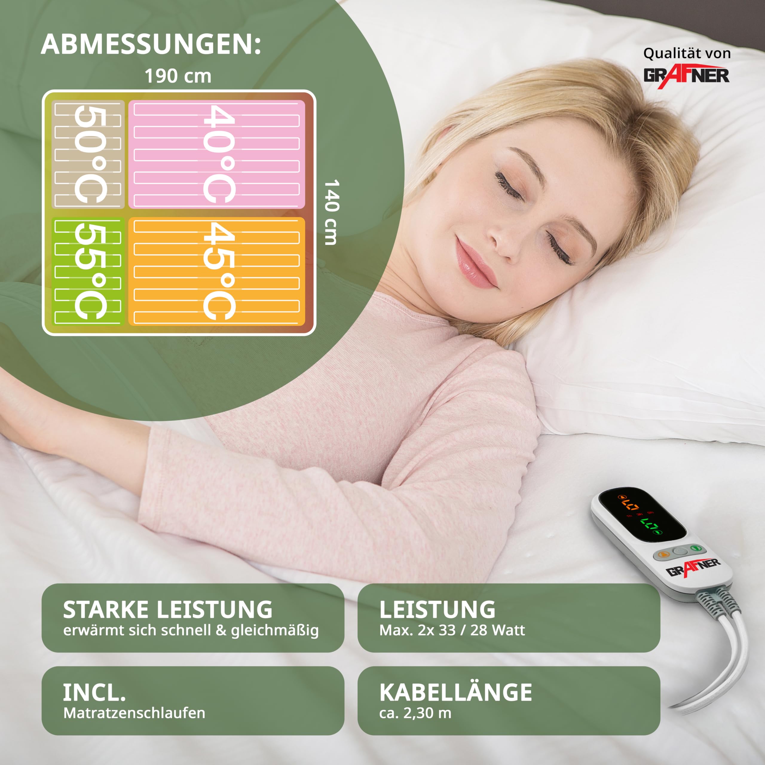 Grafner 4 Zonen Doppel Wärmeunterbett 190 x 140 cm, 4 steuerbare Zonen: Körper und Füße, LED Fernbedienung mit 6 Temperaturstufen, Überhitzungsschutz, Abschaltautomatik, 122 Watt, waschbar 2 Personen