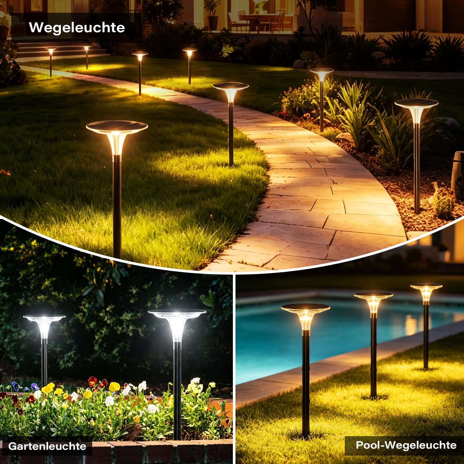 Solarlampen für außen Garten, 4er-Set Wegeleuchten, 3 Lichtfarben | 3000K/4500K/6500K, 200 lm, 360° Rundumlicht, über 12 Std. Laufzeit, IP65, 3 Höhen für Wege Einfahrt und Terrasse
