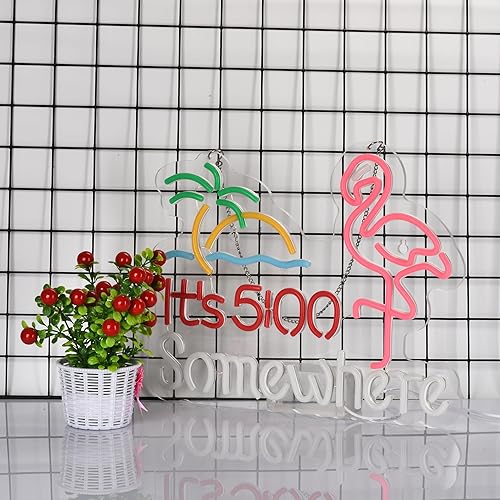 Miniatura 5 de Flamingo Its 5 00 O'clock Somewhere - Letrero de neón para decoración de pared, luz LED regulable, luz de neón de cerveza, alimentada por USB,