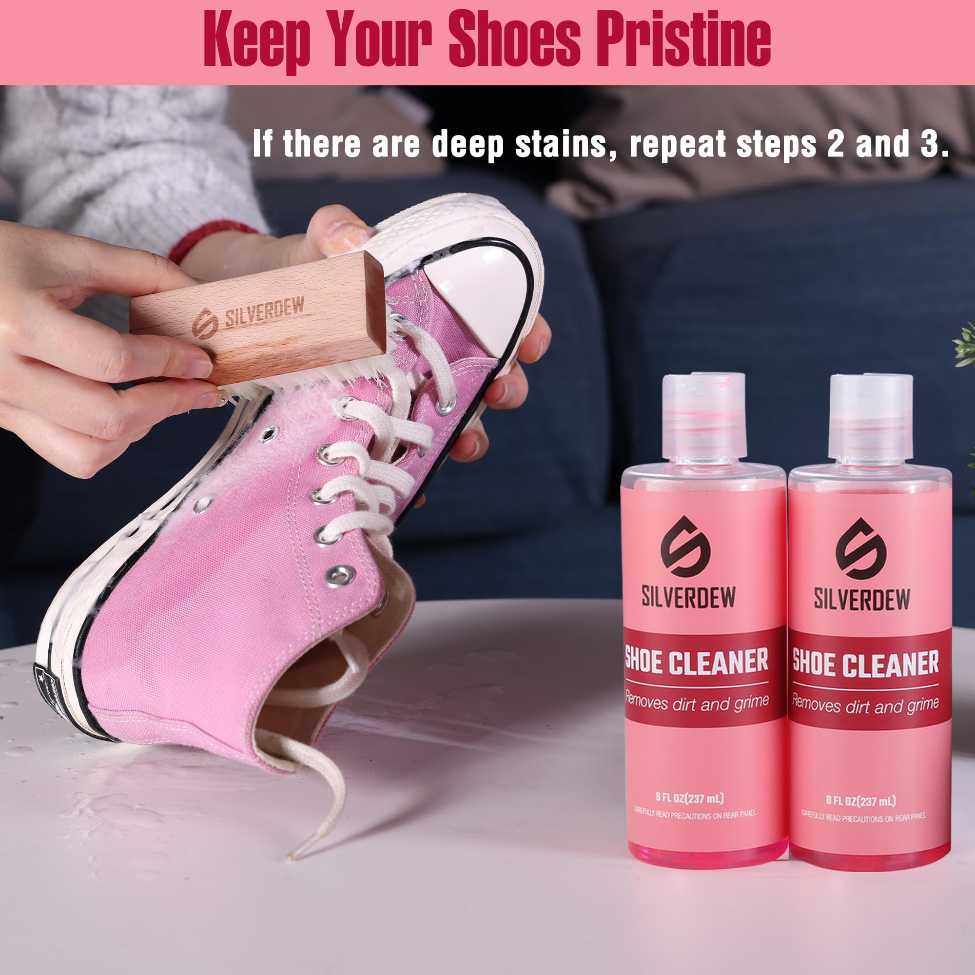 Kit de limpieza de zapatos de 4 piezas, limpiador de zapatos de 8 onzas, 2 botellas, limpiador de tenis, cepillos de nailon y toalla de microfibra para tenis, cuero, nobuck, gamuza, malla y