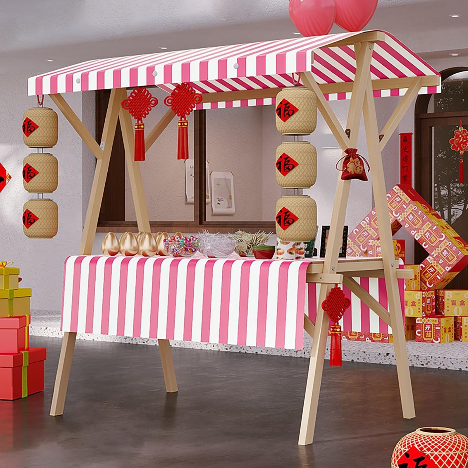 Carrello da pranzo portatile con tettuccio parasole, carrello da mercato all'aperto con ruote, espositore in legno, per mercato agricolo, picnic, barbecue, 120 cm