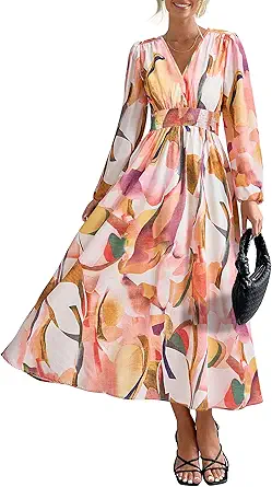 PRETTYGARDEN Women's Floral Midi Dress Casual Fall V Neck Long Sleeve Flowy Spring Beach Wedding Guest Vacation Dresses