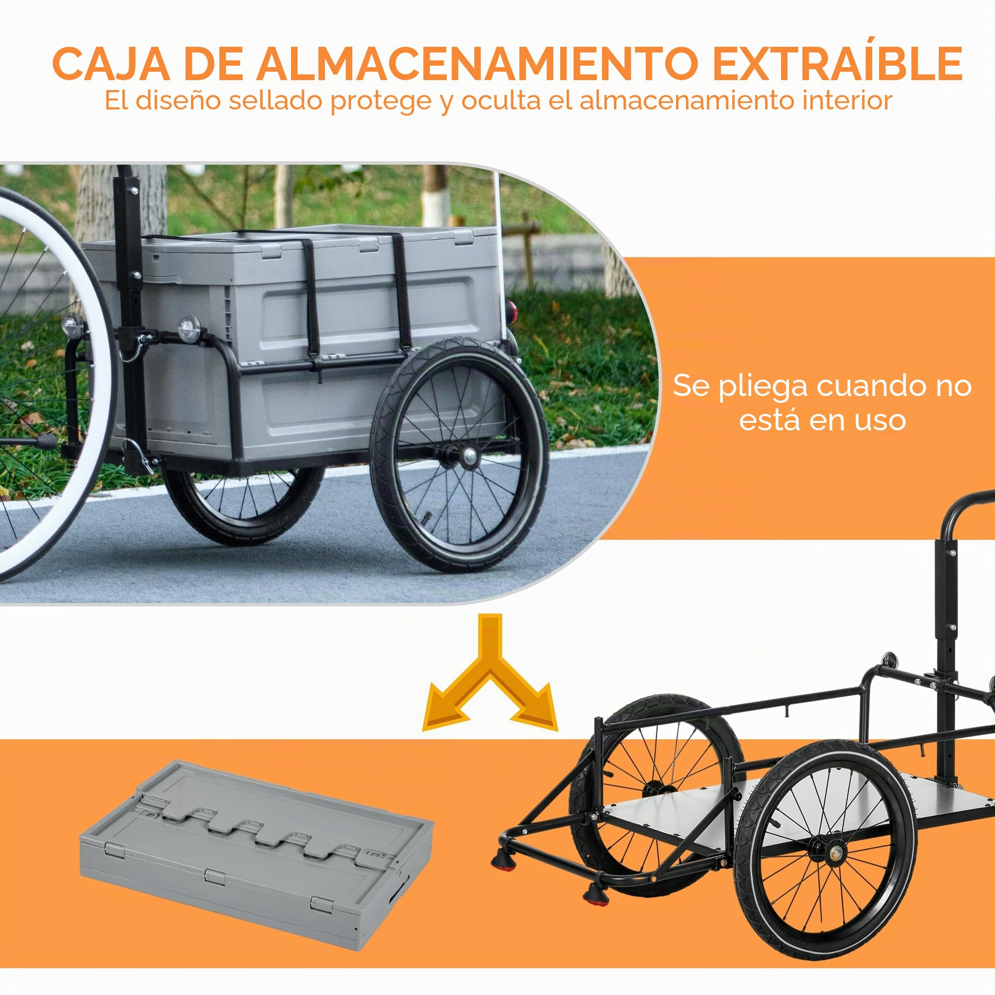 HOMCOM Remolque para bicicleta con cajón de almacenamiento extraíble y plegable de 65L, neumáticos y reflectores de seguridad, carga máxima de 40 kg, gris