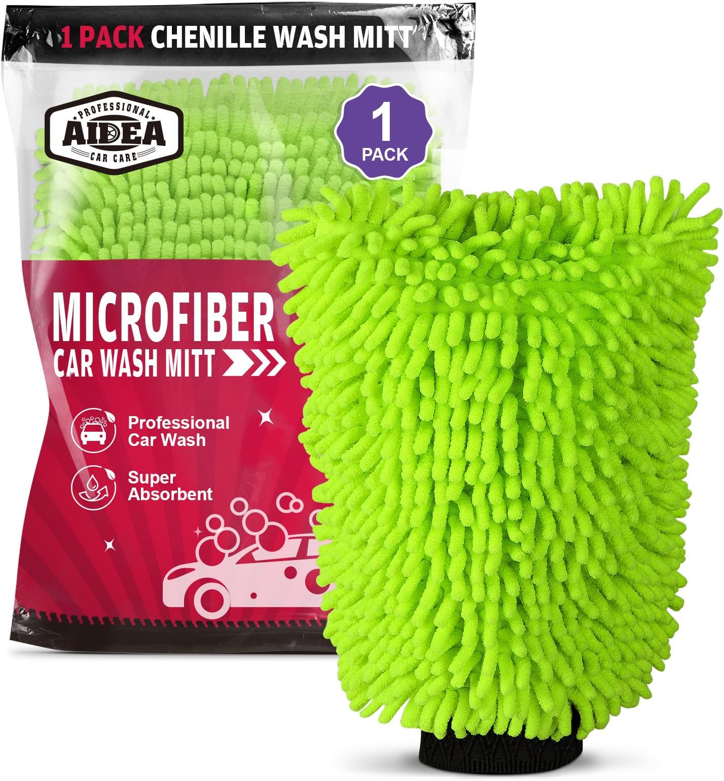 AIDEA Car Wash Mitt Microfiber, 1PK-Scratch-Free& Lint-Free, Premium Chenille Microfiber Wash Mitt-Green Regular Size (7.12''X10.14'')