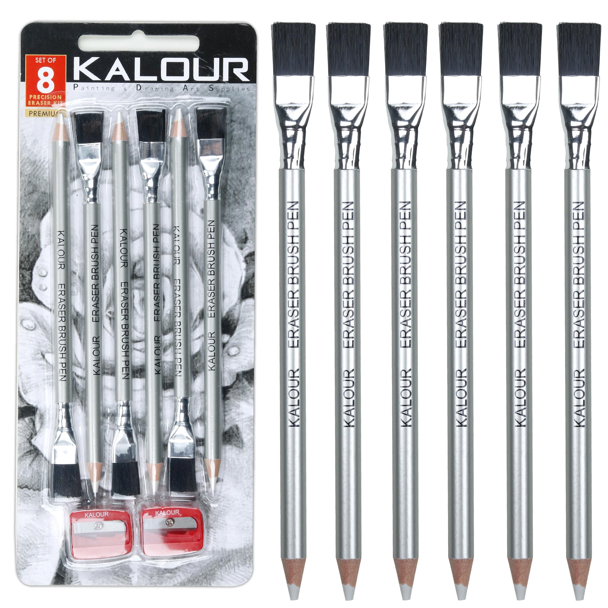 KALOUR Set di matite per cancellare, 6 matite con pennello e 2 temperamatite, cancellare piccoli dettagli o aggiungere punti salienti per schizzi, disegni a carbone