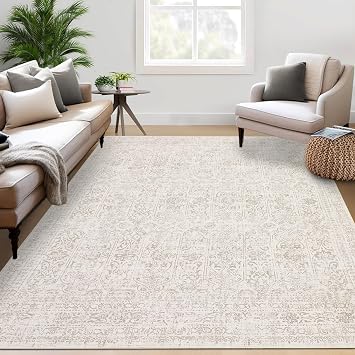 GlowSol Washable Rug 5x7 Rugs Living Room Rug Vintage Foral Rug Beige Rug Oriental Rug Neutral Retro Accent Rug Non Slip Stain Resistant Carpet for Nursery Living Room Dining Room Bedroom Farmhouse