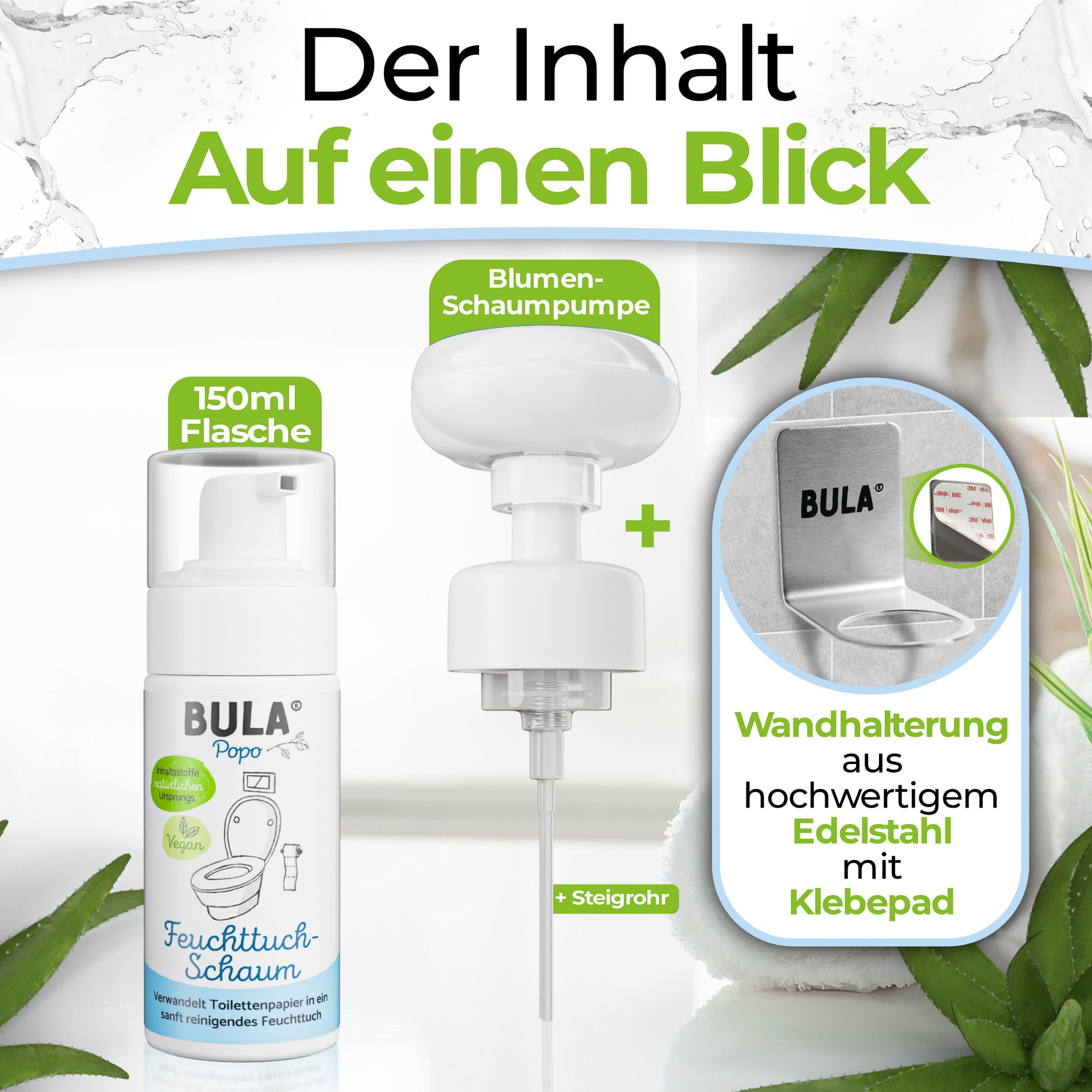 BULA® Popo Home Bundle | Feuchttuch-Schaum 150ml Flasche + Blumen-Schaumpumpe inkl. Edelstahl Halter | Popo Schaum als nachhaltige Alternative für (Baby u. Toiletten-) Feuchttücher | BULA Starterset