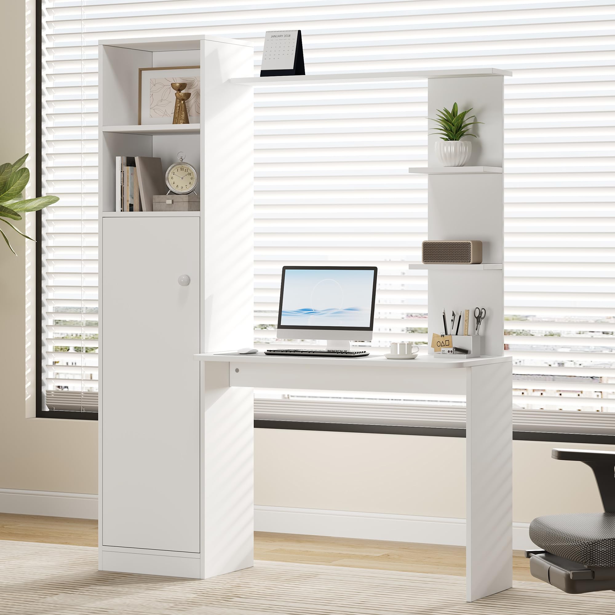 BTM Schreibtisch mit Schrank und Aufsatzregal, Modernes Bürotisch Schreibtisch mit Stauraum und Regal Weiß