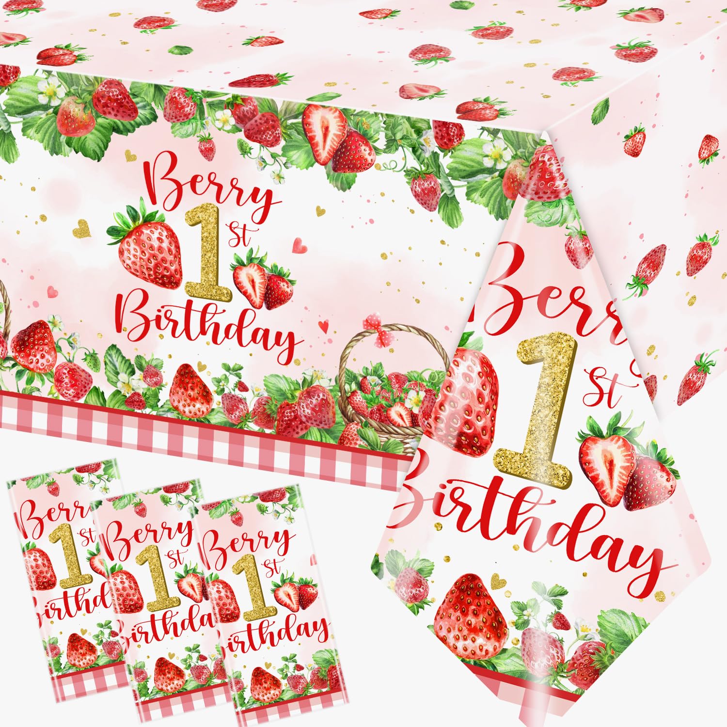 Guzbewu 3Pcs Strawberry Tablecloth,Strawberry Table Decorations,Berry First Birthday Table Cloth,Pink Checkered Plastic Tablecloth for Berry Birthday
