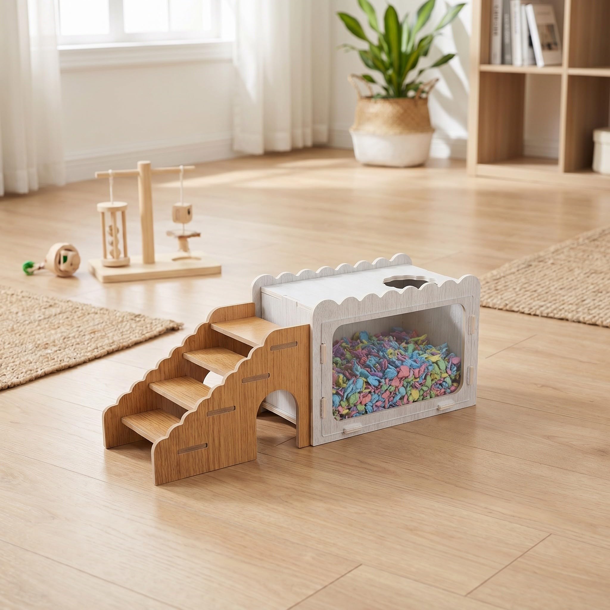 Operitacx Hamster-Versteck mit Kletterleiter, Holzhaus zum Schlafen und Spielen für Hamster, zweistöckiges Kleintierhaus für Rennmäuse, Mäuse und Ratten