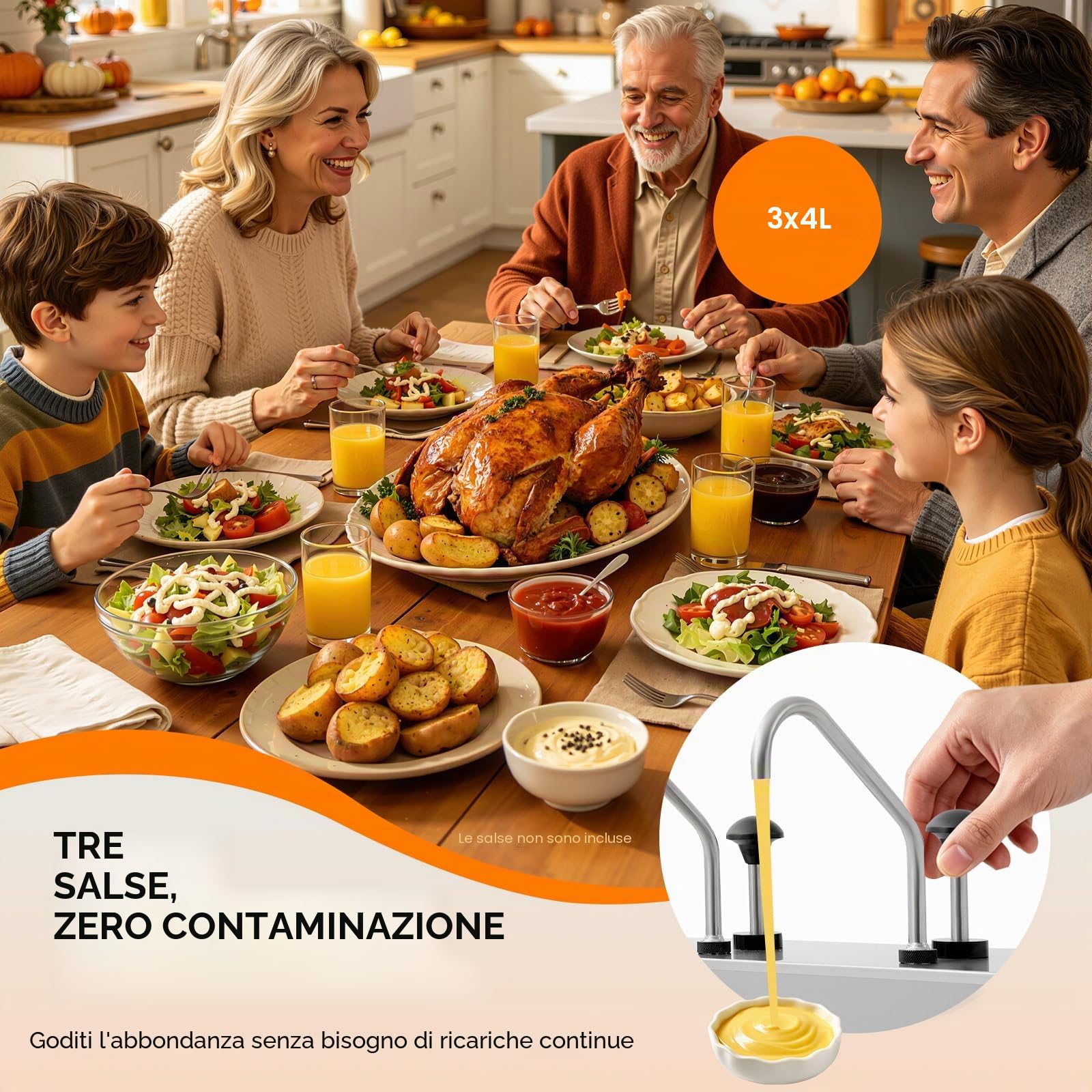 Pompa per Salsa a 3 Teste in Acciaio Inox, OT-TWYJ-2964-EU Distributore di Salsa da Banco con 3 Vasche da 4L, Pompa Erogatrice per Salsa di Soia, Aceto, Olio, Ideale per Cucina, Ristorante, Hotel
