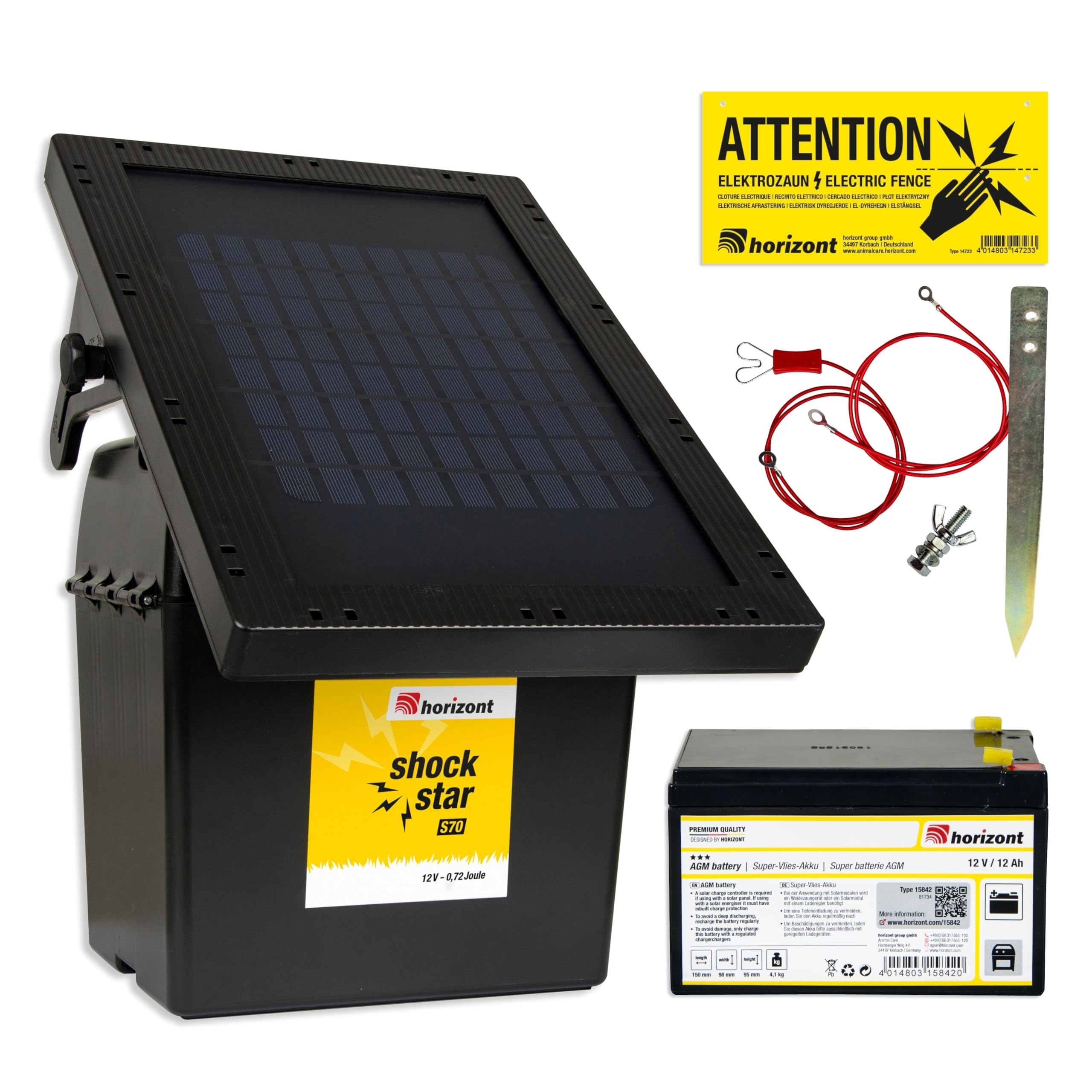 horizont shockstar S70 Solar-Weidezaungerät 12 V bis 12km, inkl 12 Ah Akku | 10W Solarpanel, 11.500 V maximale Spannung, mit 3 stufiger LED-Anzeige, Elektrozaungerät für Weidezaun