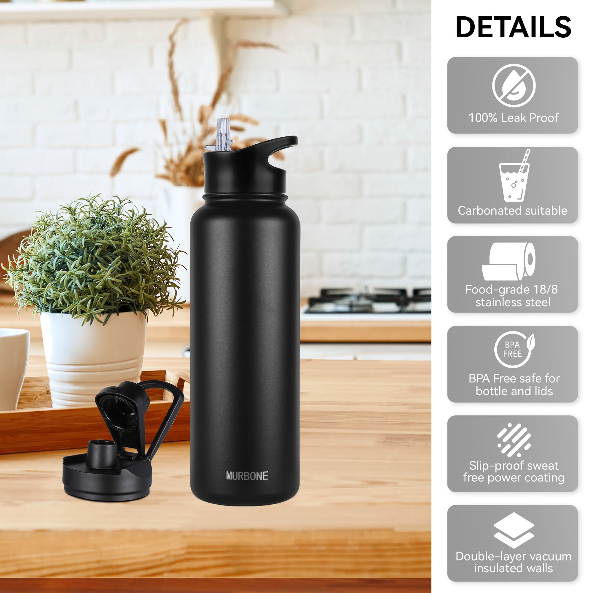 MURBONE Insulated Water Bottle, 1.2L Stainless Steel Drink Flask with Straw, BPA Free, 2 Lids (Straw Lid and Spout Lid) - Image 4