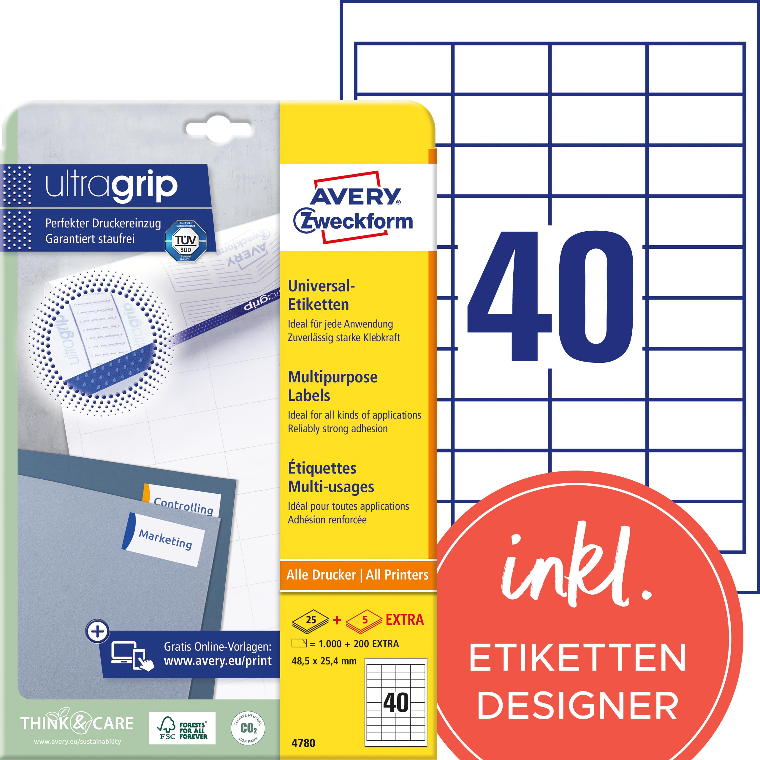 AVERY Zweckform 4780 Universal Etiketten (1.000 plus 200 Klebeetiketten extra, 48,5x25,4mm auf A4, Papier matt, individuell bedruckbar, selbstklebende Aufkleber mit ultragrip) 30 Blatt, weiß
