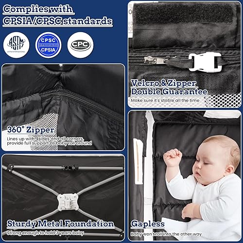 Miniatura 6 de Paquete y juego 5 en 1, moisés de bebé, cama extragrande con ruedas, cuna con cambiador, patio de viaje plegable para recién nacidos a niños (negro)