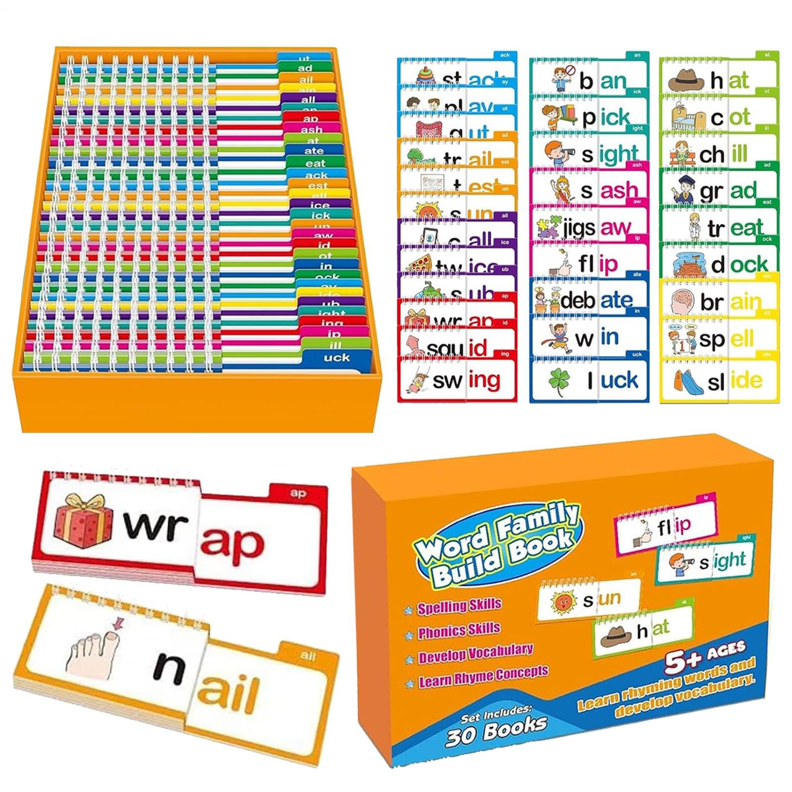 30 Lire ET Rhyme Books, Word Family Flash Cards, Mords Sight Words Kids Learning, Phonics & Rhyming Practice, Interactive Learning Experience, 24.80x16.8x5 cm pour Les garçons âgés de 4 à 8 Ans