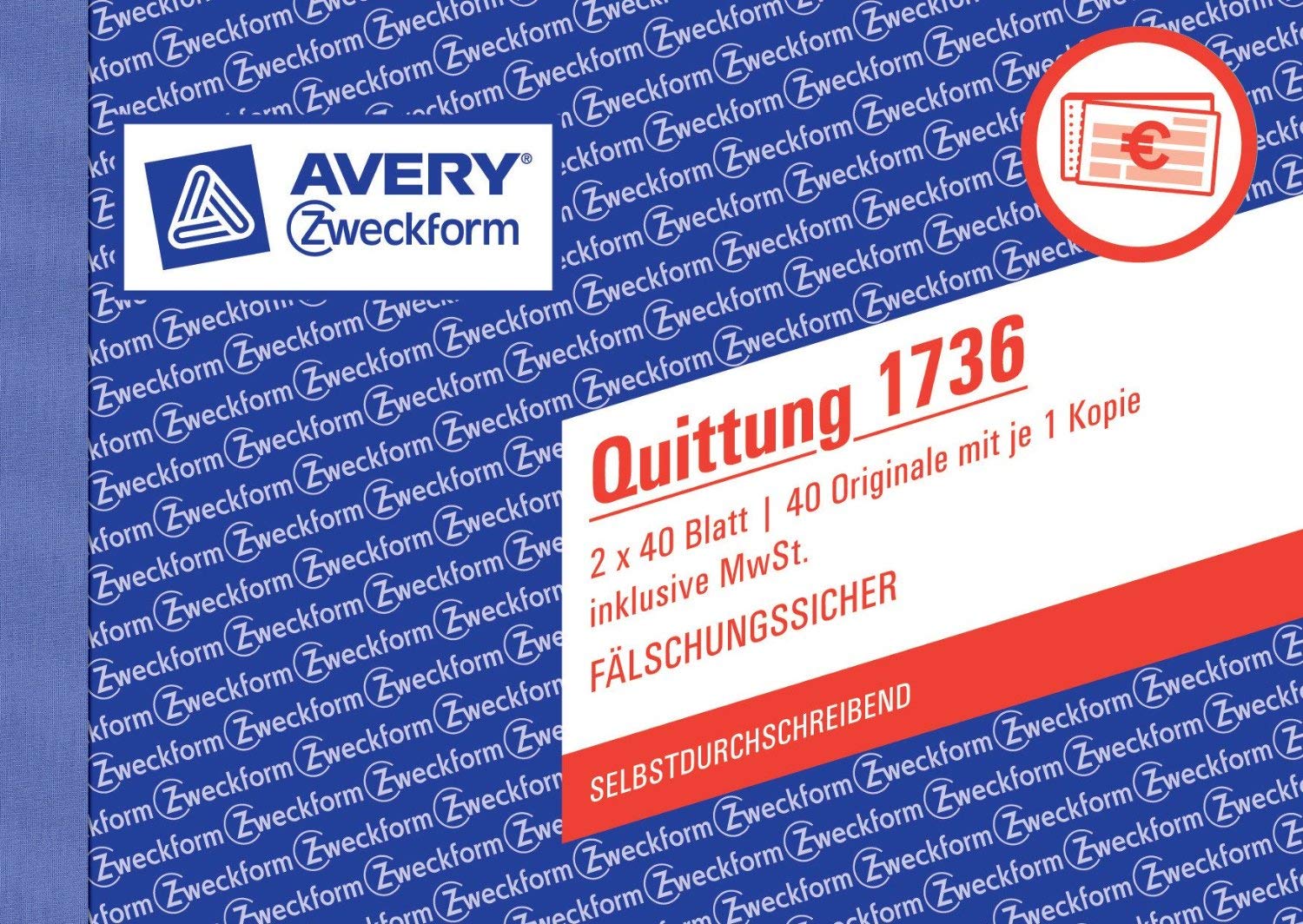 AVERY Zweckform 1736-5 Quittung (A6 quer, inkl. MwSt, 2x40 Blatt) (10er Pack)