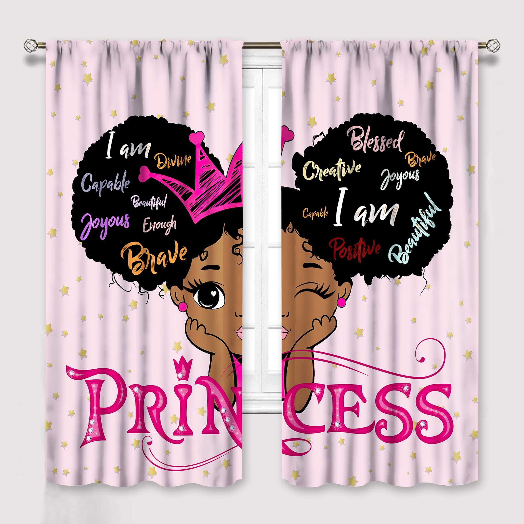 YCness African American Kids Curtains,Afro Black Girl Window Treatments for Bedroom, Cute Girl Big Hair Pink Curtains 2 Panel Sets,52x84 Inch