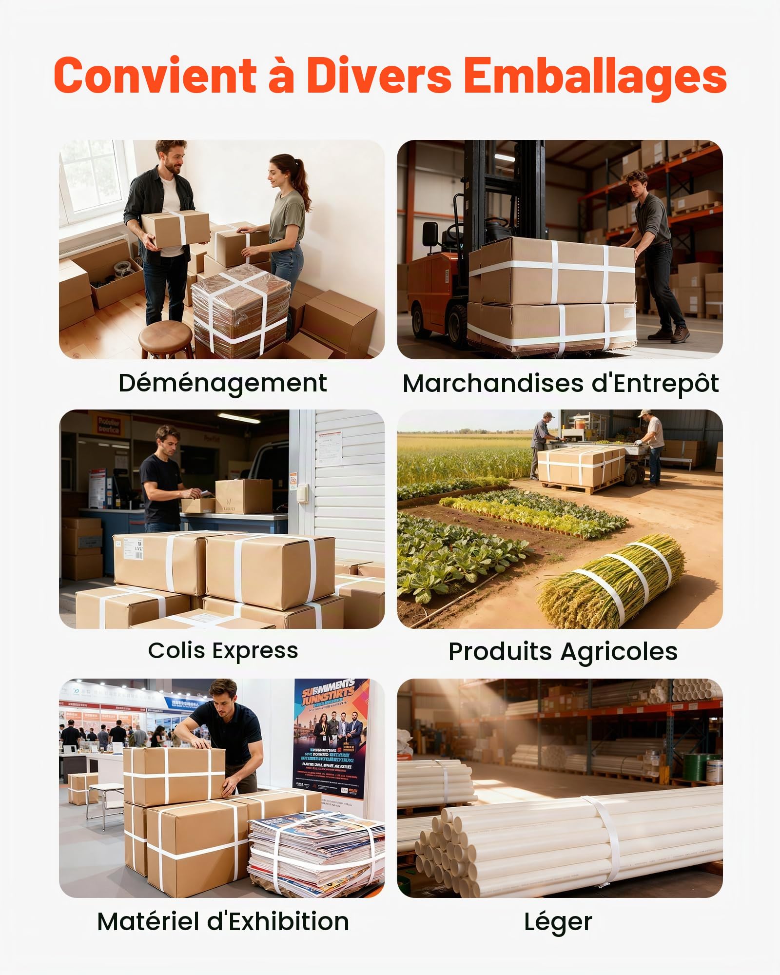 VEVOR Kit Cerclage Feuillard PP 100 m Kit Cerclage Palette Manuel avec Outil et Tendeur pour Emballage, Entrepôts, Déménagement, Stockage, Transport de Marchandises, avec 100 Scellés en Métal, Orange
