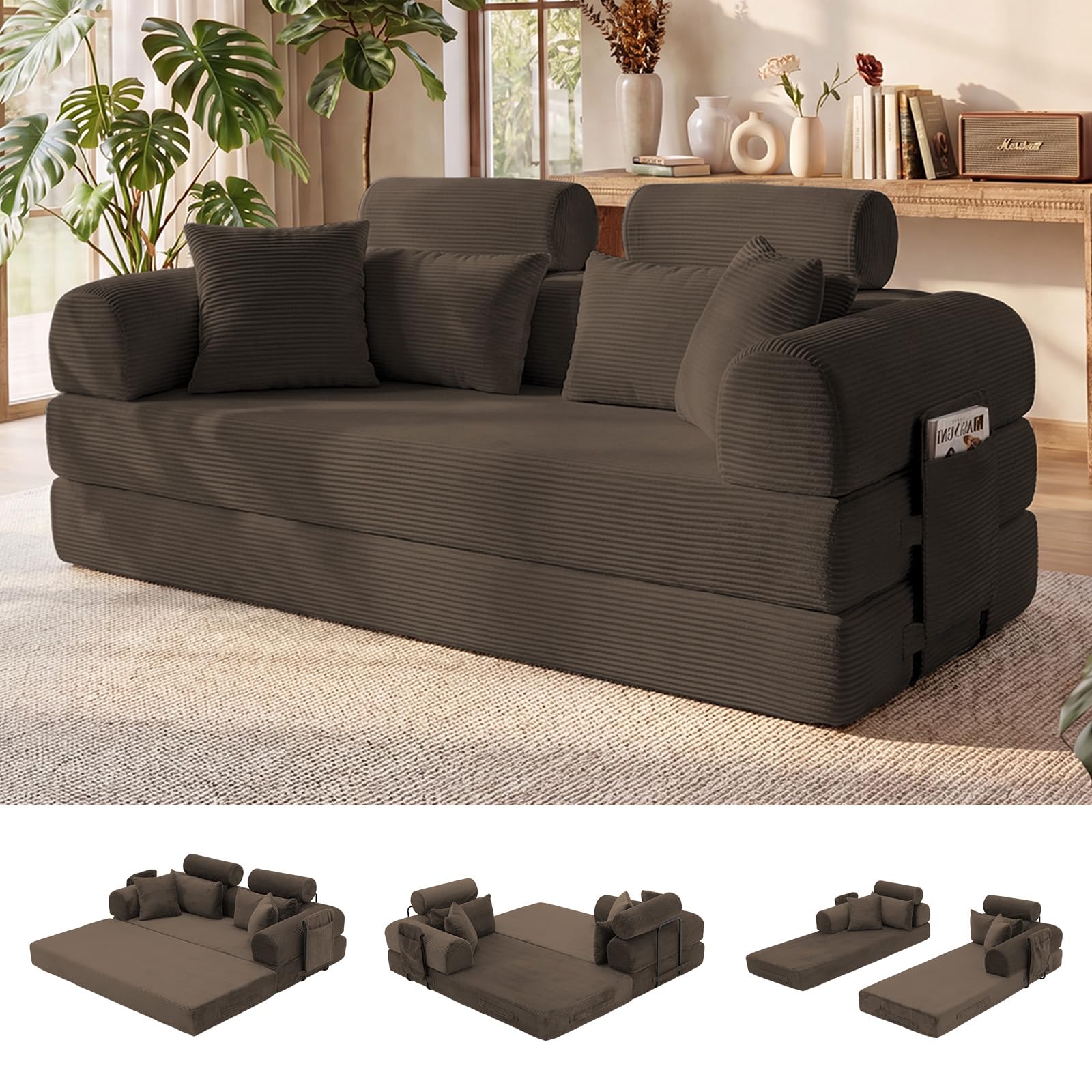 79" Convertible Futon Sofa Bed,High Back Boneless Couch for Living Room | 5-in-1 Corduroy Boneless Loveseat Sleeper, Futon Couch with Ergonomic Support & Side Storage Pocket, No Assembly,Brown