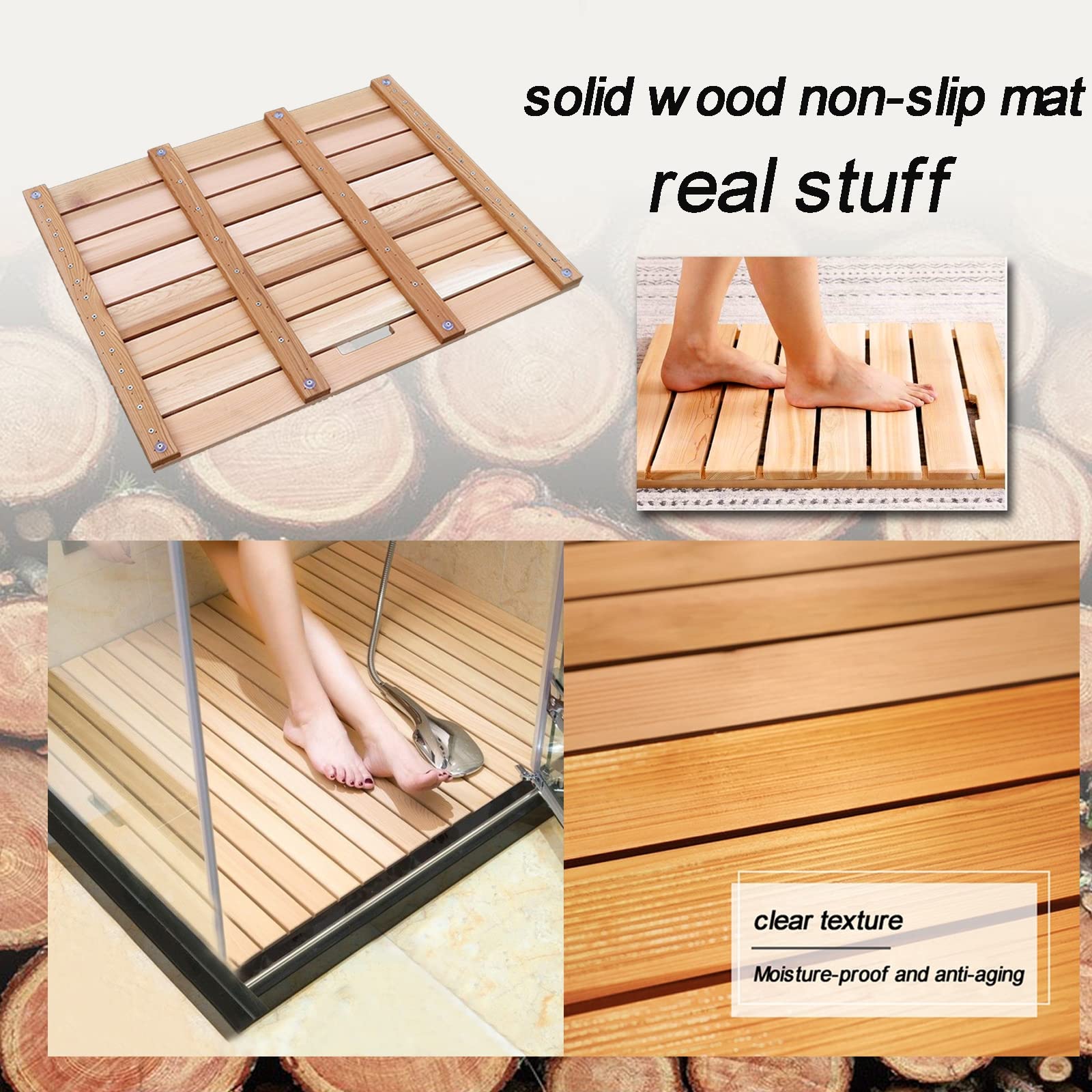 Pedana Doccia in Legno,Tappetino da Bagno in Legno di bambù,Tappetino da Doccia Antiscivolo per Bagno Termale Tappetino per Sauna Moderno A Doghe, Personalizzabile,40x40cm/16x16in
