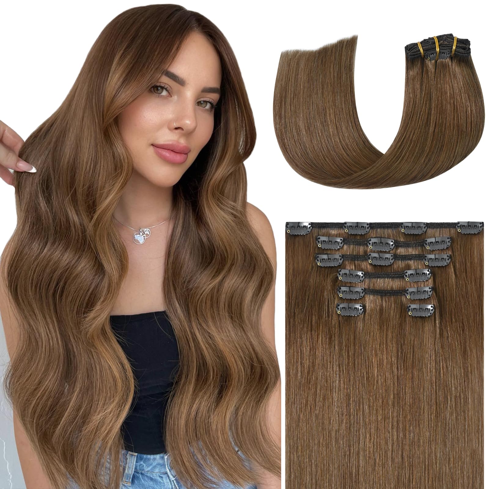WindTouch Clip in Hair Extensions Human Hair, 15 Inch 75g #4 Medium Brown Hair Extensions for Women Real Human Hair Clip in, Remy Human Hair Extensions Clip ins, Soft Natural Straight — view 18
