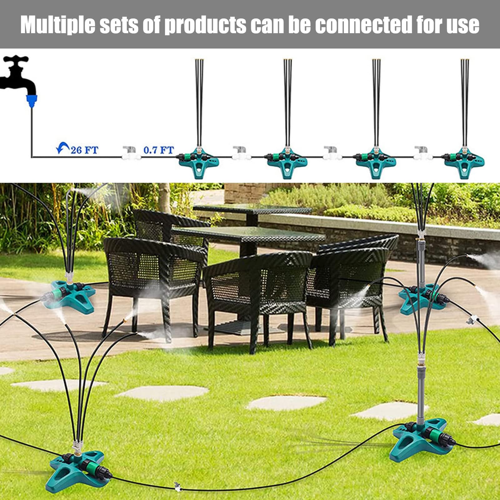 Nebulizador Jardin Pie, 8m/26.2ft Sistema Riego Nebulizador Jardín Mist Cooling Vertical con Rosca 3/4 y 4 Boquillas para Riego Jardín Patio Piscina Barbacoa Fiesta Agua Juegos