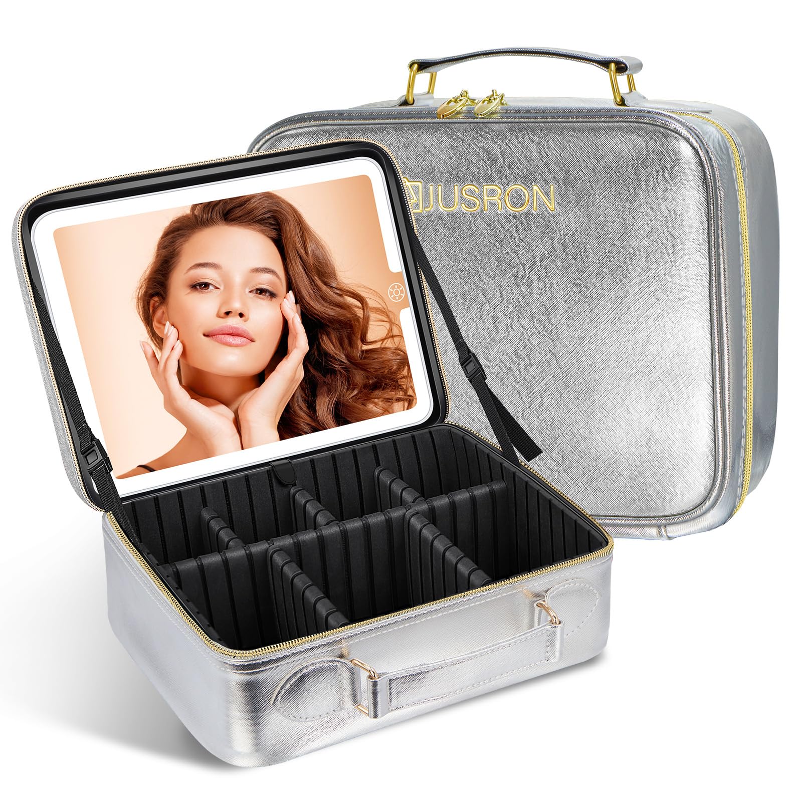 JUSRON Travel Makeup Bag With LED Mirror, Cosmetic Train Case with Light up Mirror, Portable Makeup Artist Organizer Bag with Adjustable Dividers,