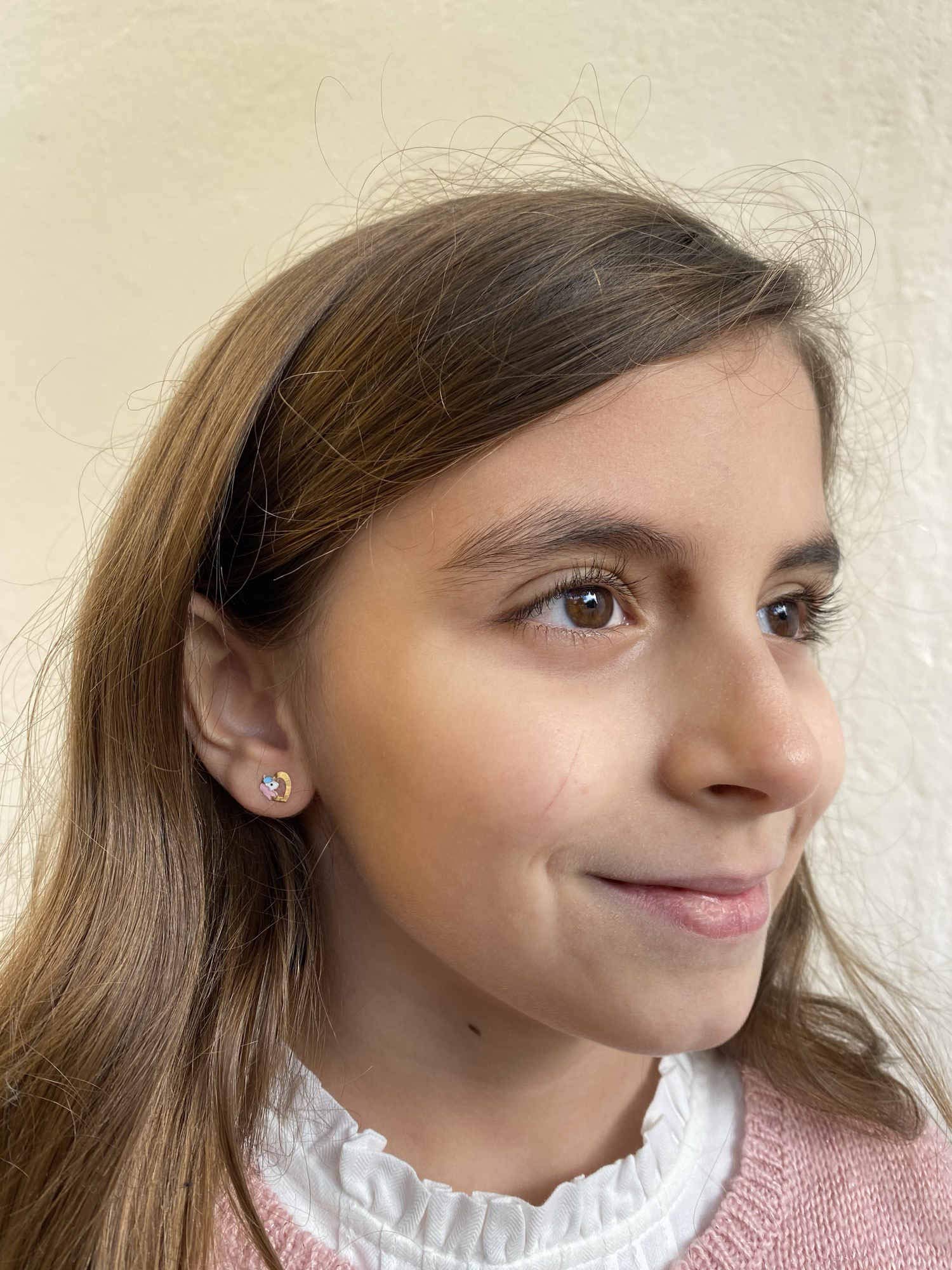 Orecchini in oro da bambina, 18 carati, motivo: Unicornios