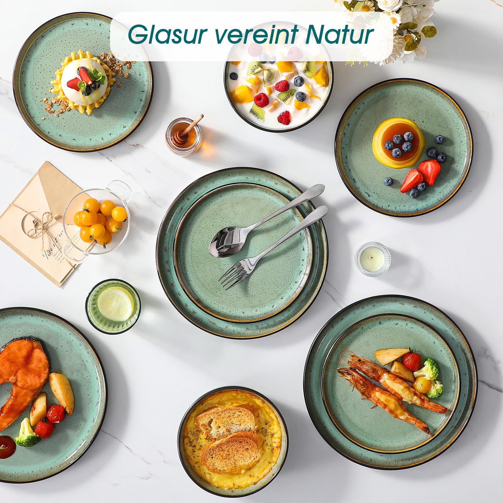 vancasso AMBER Servizio Piatti per 12 Persone, Set Piatti Moderni 36 Pezzi in Gres - 12 Piatti Piani, 12 Piatti Dessert e 12 Ciotole Cereali - Adatto per Lavastoviglie e Microonde - Smalto Verde