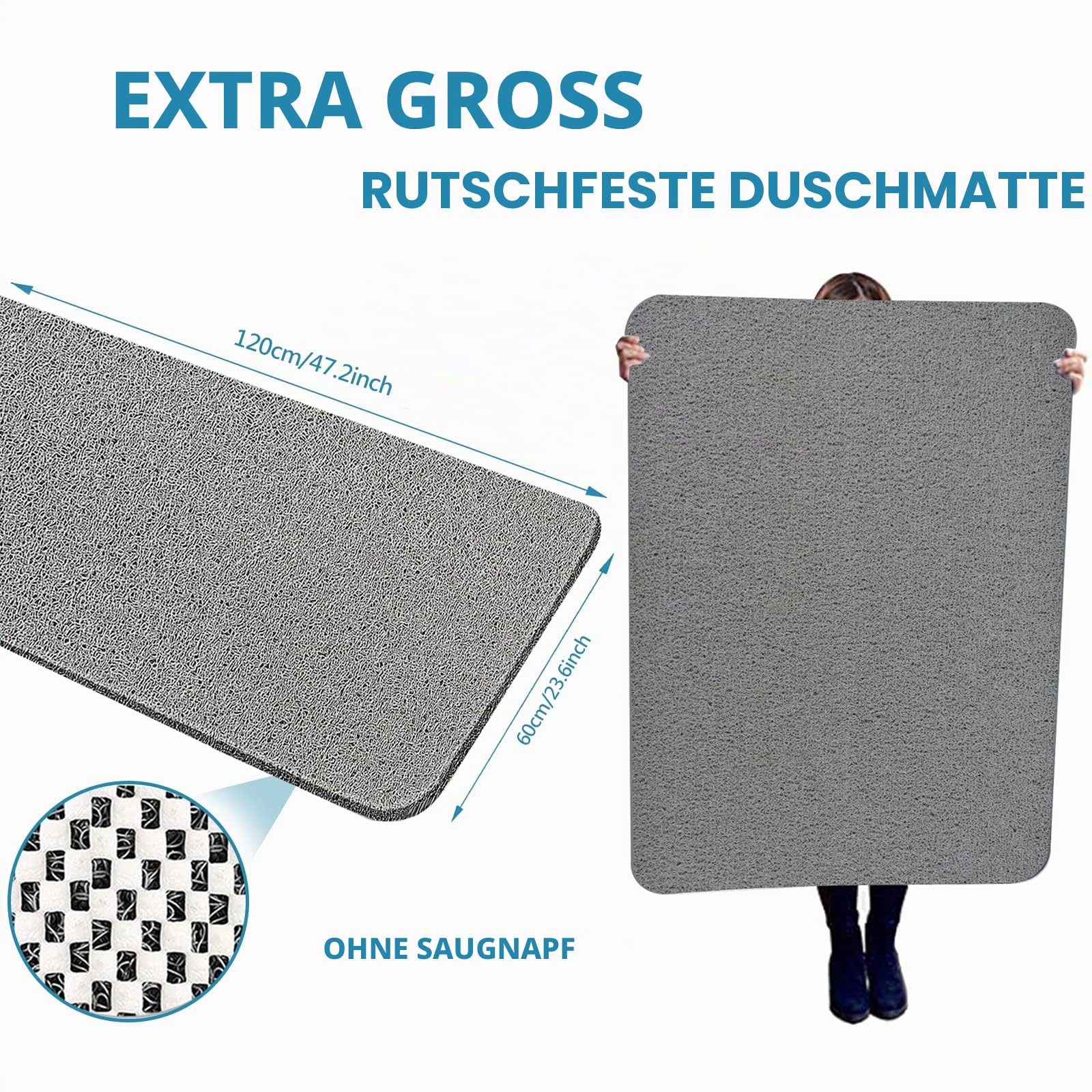 Extra große Duschmatten, rutschfest, ohne Saugnäpfe, 50 x 120 cm, Badematte für strukturierte Wannenoberfläche, Luffa-Matten für Dusche und Badezimmer, schnell trocknend, Grau