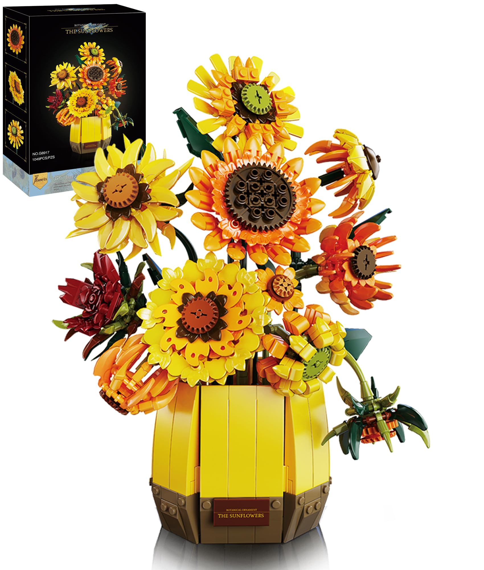 2 in 1 Sunflower Building Blocks for Adult - Artificial Flower Bouquets Building Set Van ggh Art Collection, Transforms from Sunflower Vase to Dinner